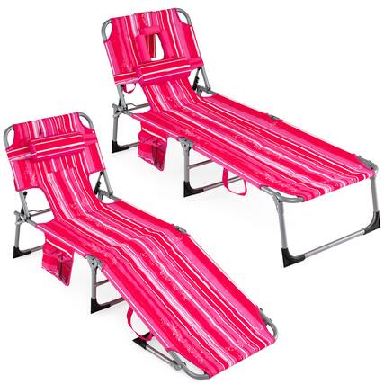 Front. Gymax - Gymax 2PCS Tanning Chair w/4-Position Adjustable Backrest Face Arm Holes & Pocket Pink Stripe - Pink.