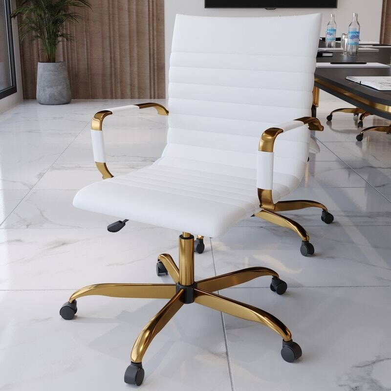 Angle. LeisureMod - Harris Mid-Back Office Chair, Leather Upholstery with Gold Metal Frame Modern Armless Desk Chair for Conference Seating - White.