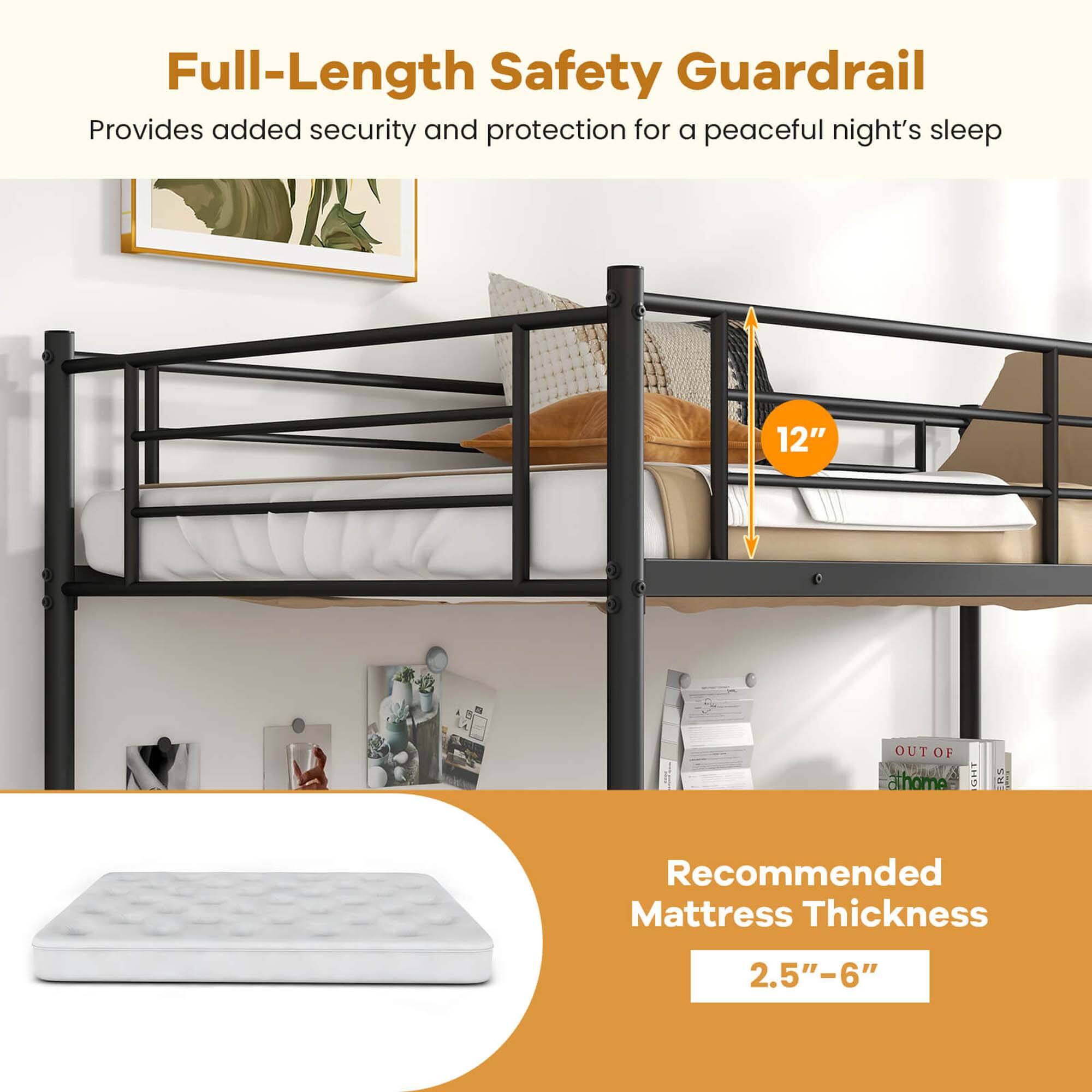 Full-Length Safety Guardrail Provides added security and protection for a peaceful night's sleep. Recommended Mattress Thickness: 2.5"-6".