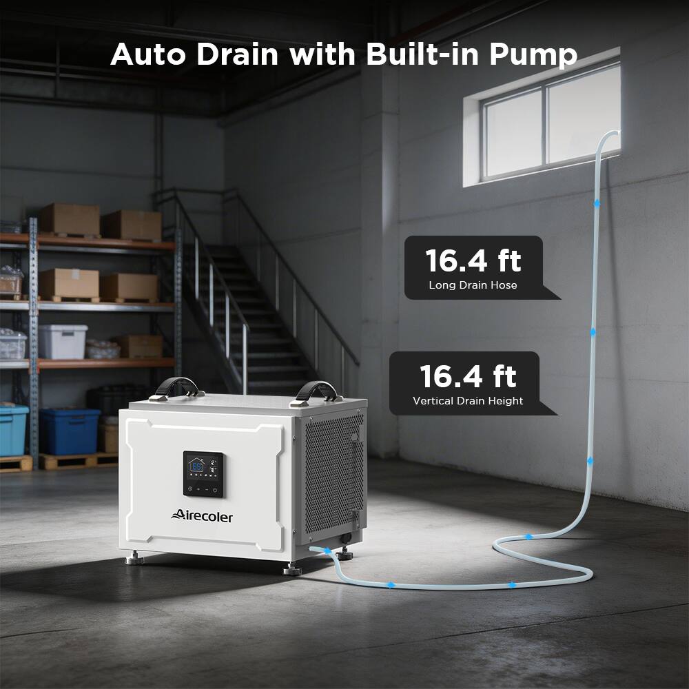 Auto Drain with Built-in Pump  
16.4 ft Long Drain Hose  
16.4 ft Vertical Drain Height  
Airecooler