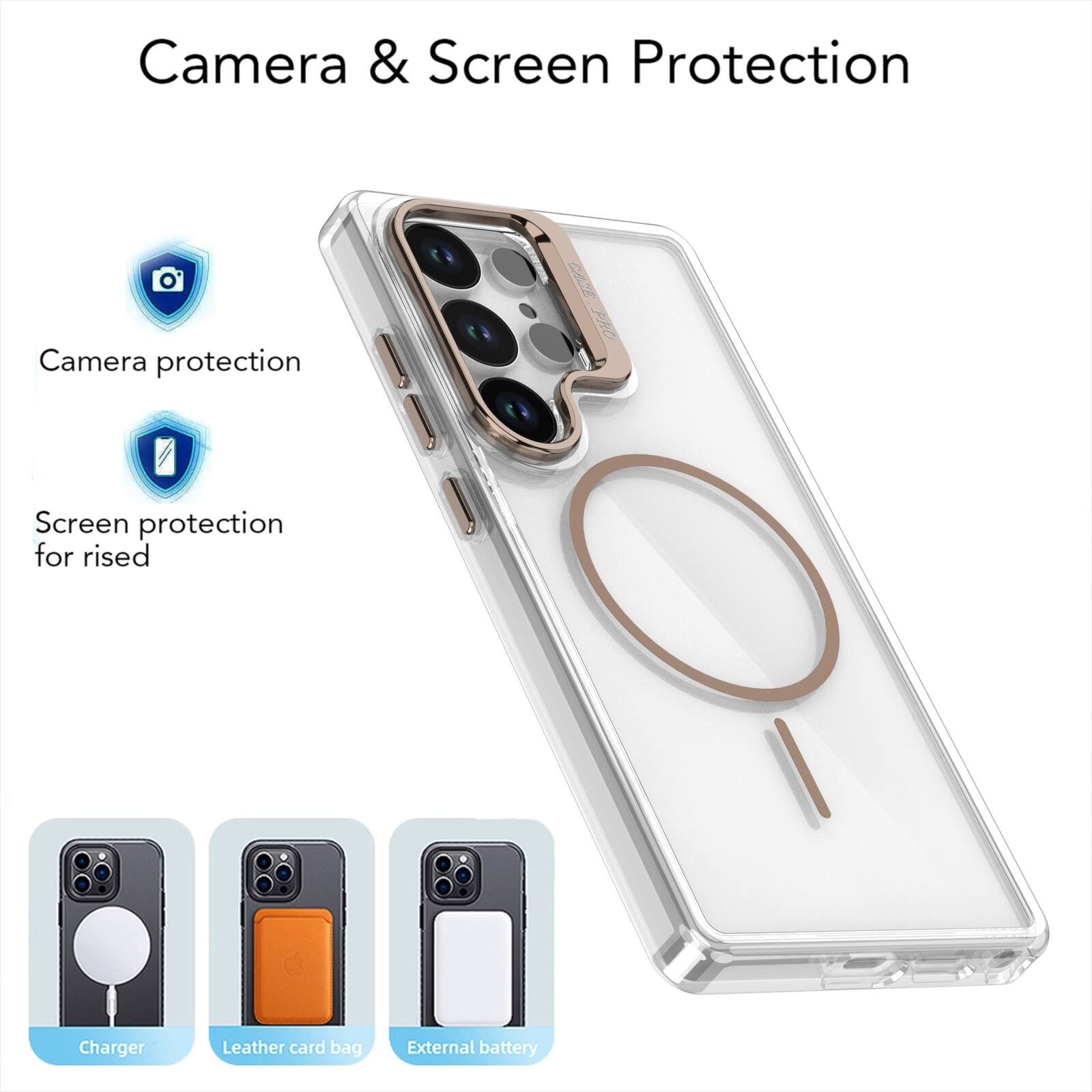 Camera & Screen Protection

Camera protection  
Screen protection for raised

Charger  
Leather card bag  
External battery
