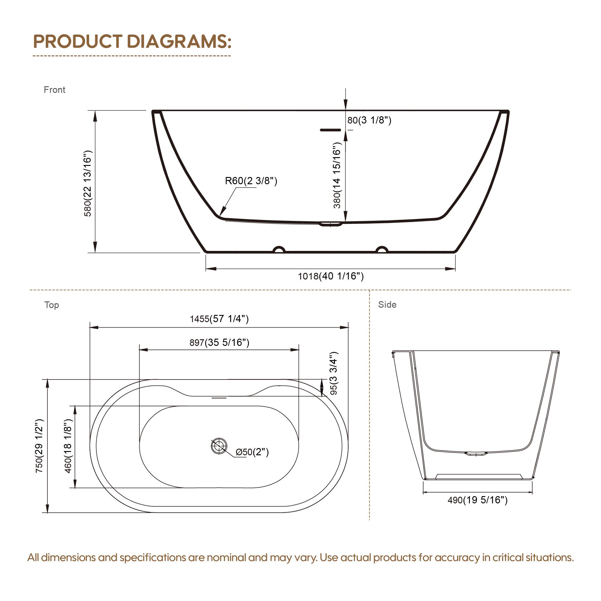 PRODUCT DIAGRAMS:

Front
- 580(22 13/16")
- R60(2 3/8")
- 80(3 1/8")
- 15/16")
- 380(14 1/16")
- 1018(40 1/16")

Top
- 1455(57 1/4")
- 897(35 5/16")
- 750(29 1/8")
- 460(18")
- 490(19 5/16")

Side
- 490(19 5/16")

All dimensions and specifications are nominal and may vary. Use actual products for accuracy in critical situations.