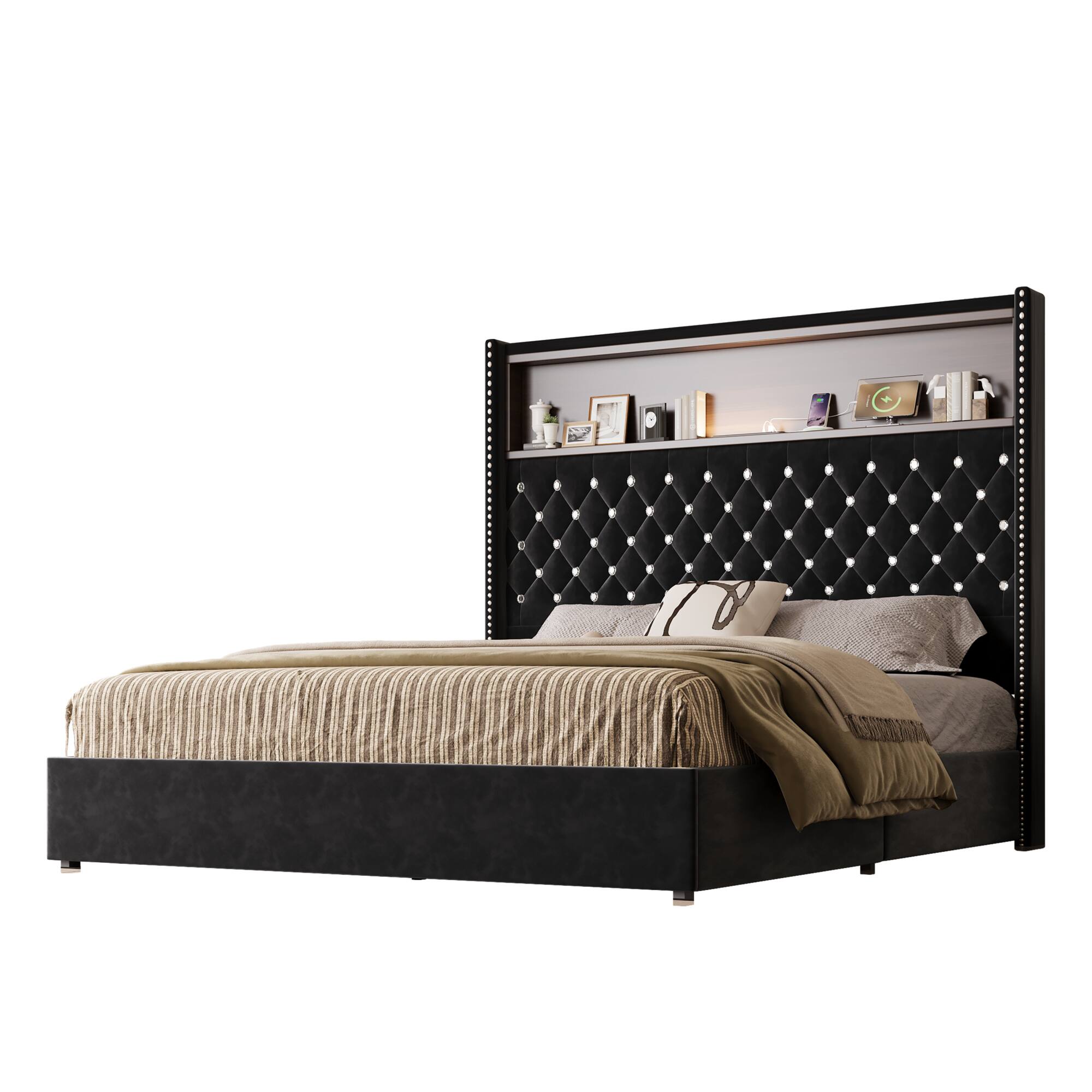 Alt View 4. GOODSILO - Luxurious Queen Size Velvet Tufted Bed Frame with USB Port and Night Light, High Headboard Platform Bed - Black.