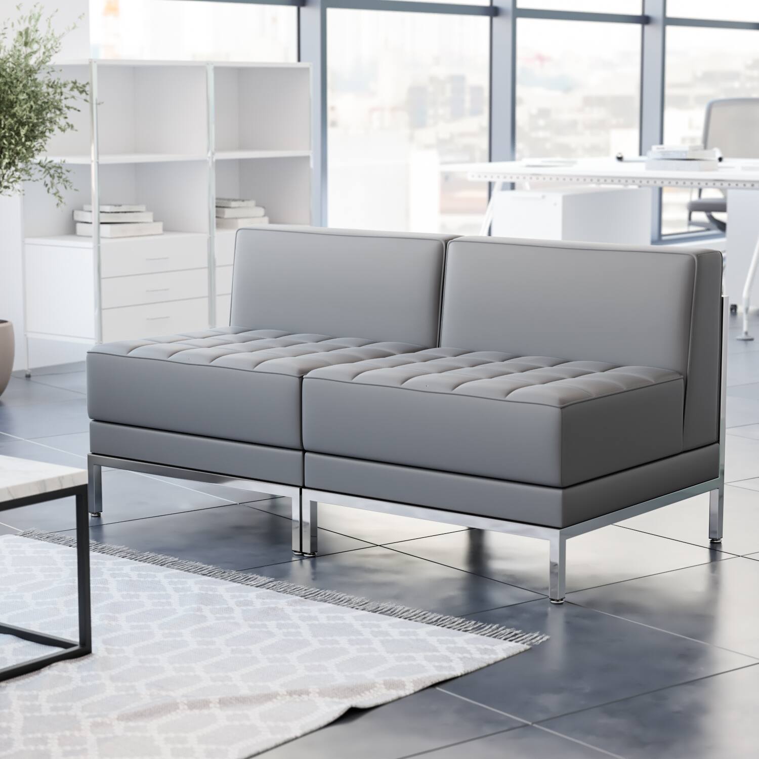 Angle. Flash Furniture - HERCULES Imagination Series 2 Piece Gray LeatherSoft Waiting Room Lounge Set with Ganging Clips - Reception Bench with G - Gray.
