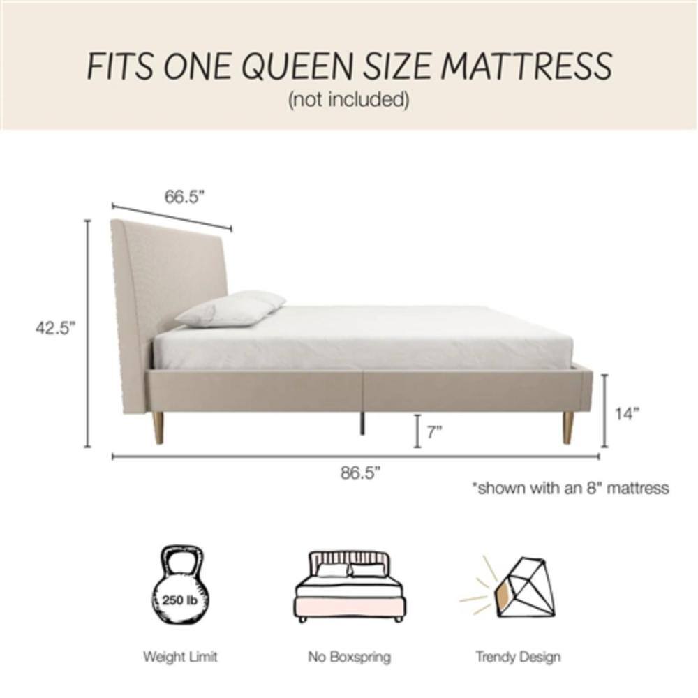 FITS ONE QUEEN SIZE MATTRESS  
(not included)  

66.5"  
42.5"  
7"  
14"  
86.5"  
*shown with an 8" mattress  

250 lb Weight Limit  
No Boxspring  
Trendy Design