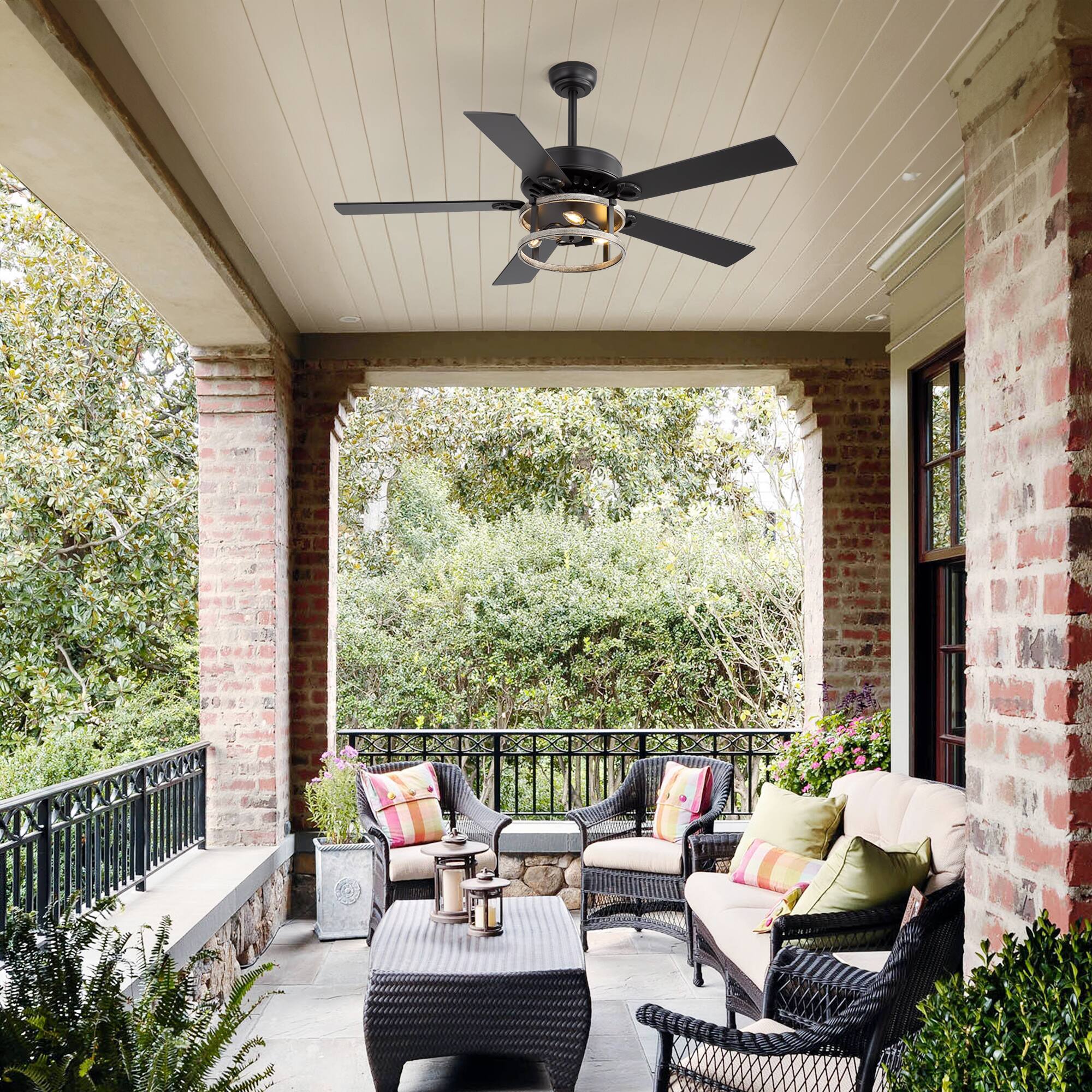 Alt View 1. Breezary - 52 Inch Ceiling Fan with Remote, 5 Plywood Dual-Finish Blades, DC Motor, E12x3 Bulb Base, 5"&10" Downrods - matte black and wood grain gray.