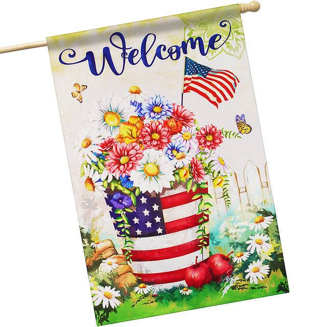 Front. G128 - House Flag Patriotic Welcome USA Flower Pot Design 28x40 in - Assorted Colors.