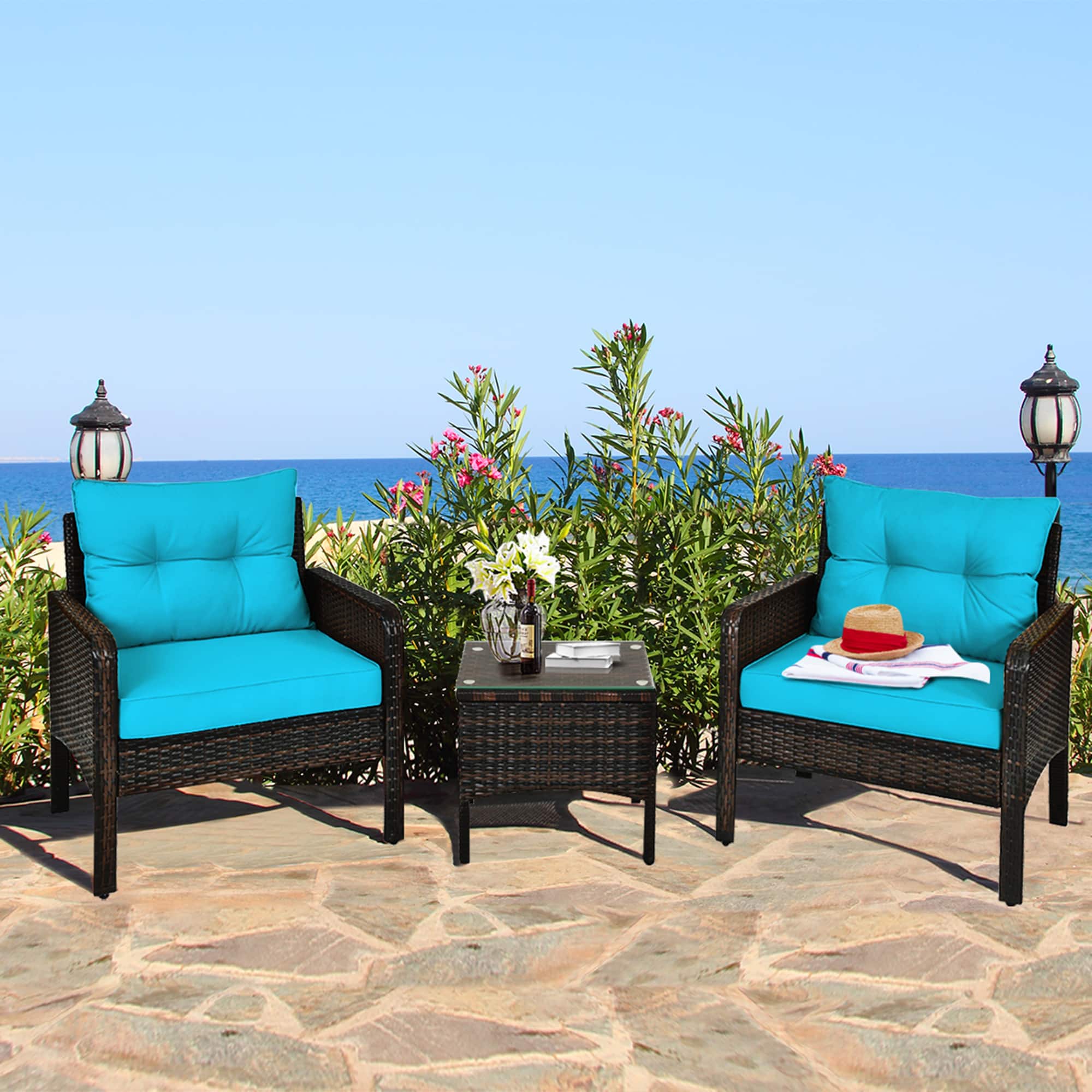 Gymax - 3PCS Patio Outdoor Rattan Furniture Set w/ Coffee Table Turquoise Cushion - as pic price history on PriceWatchPro