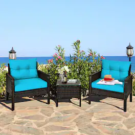 Gymax - 3PCS Patio Outdoor Rattan Furniture Set w/ Coffee Table Turquoise Cushion - as pic