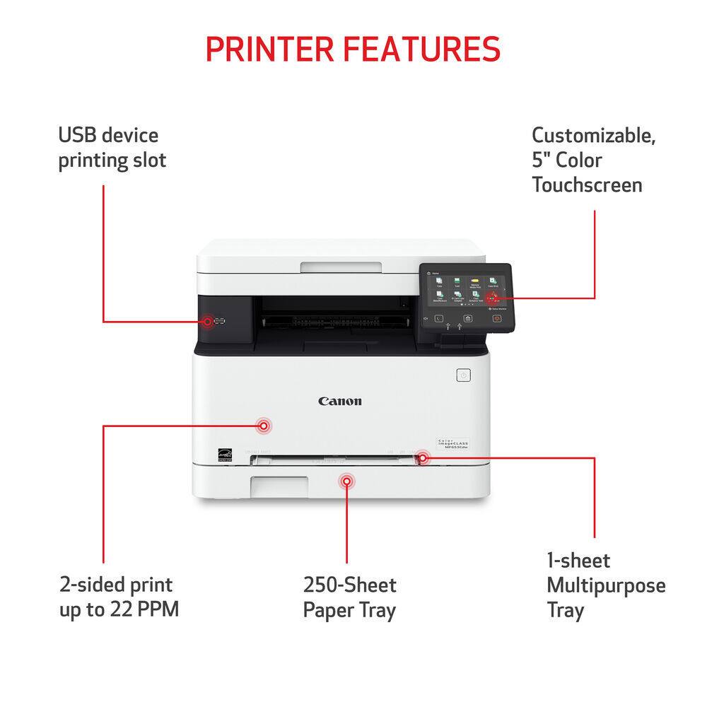 PRINTER FEATURES

- USB device printing slot
- Customizable, 5" Color Touchscreen
- 2-sided print up to 22 PPM
- 250-Sheet Paper Tray
- 1-sheet Multipurpose Tray