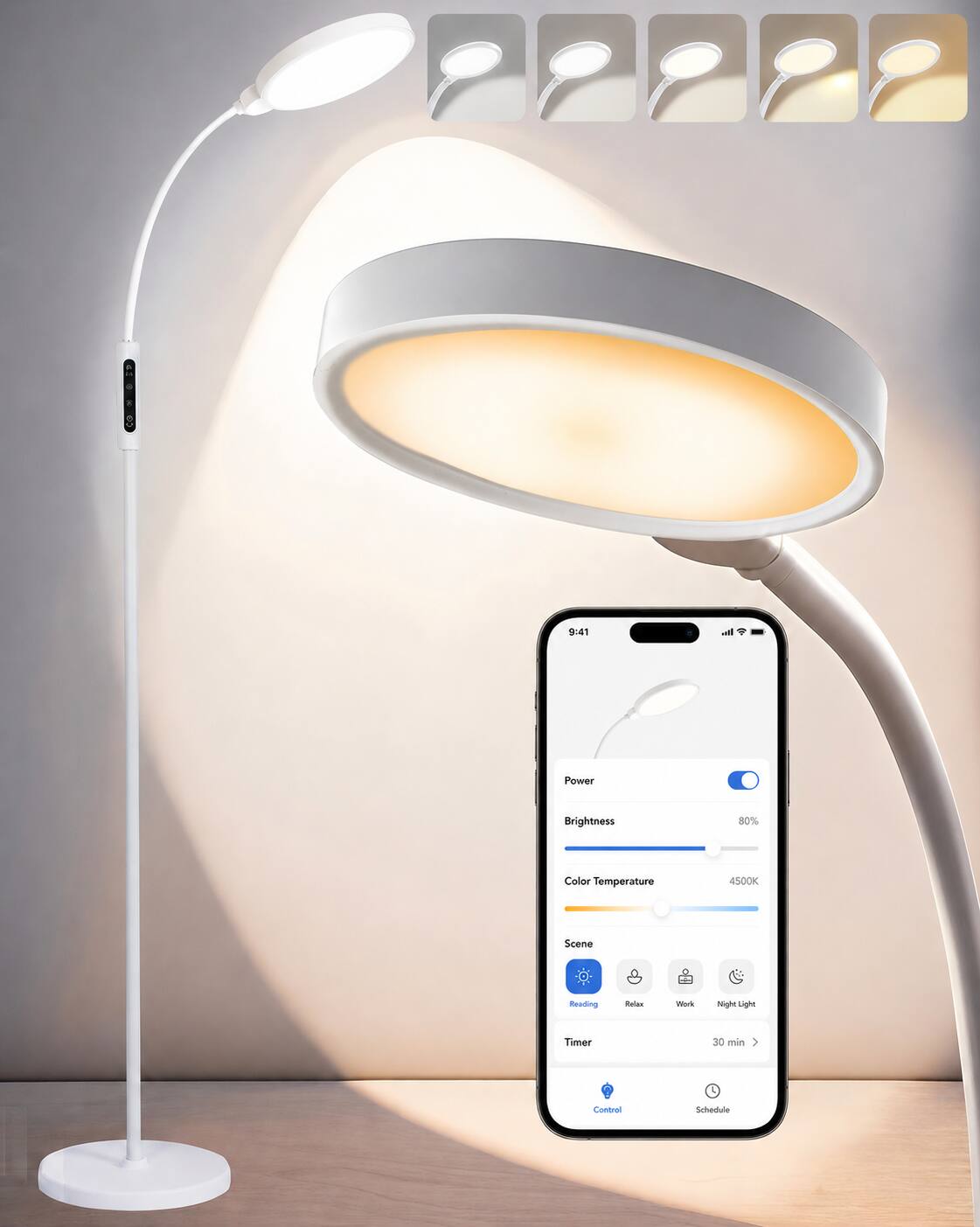9:41  
Power  
Brightness 80%  
Color Temperature 4500K  
Scene  
Reading  
Relax  
Work  
Night Light  
Timer 30 min  
Control  
Schedule