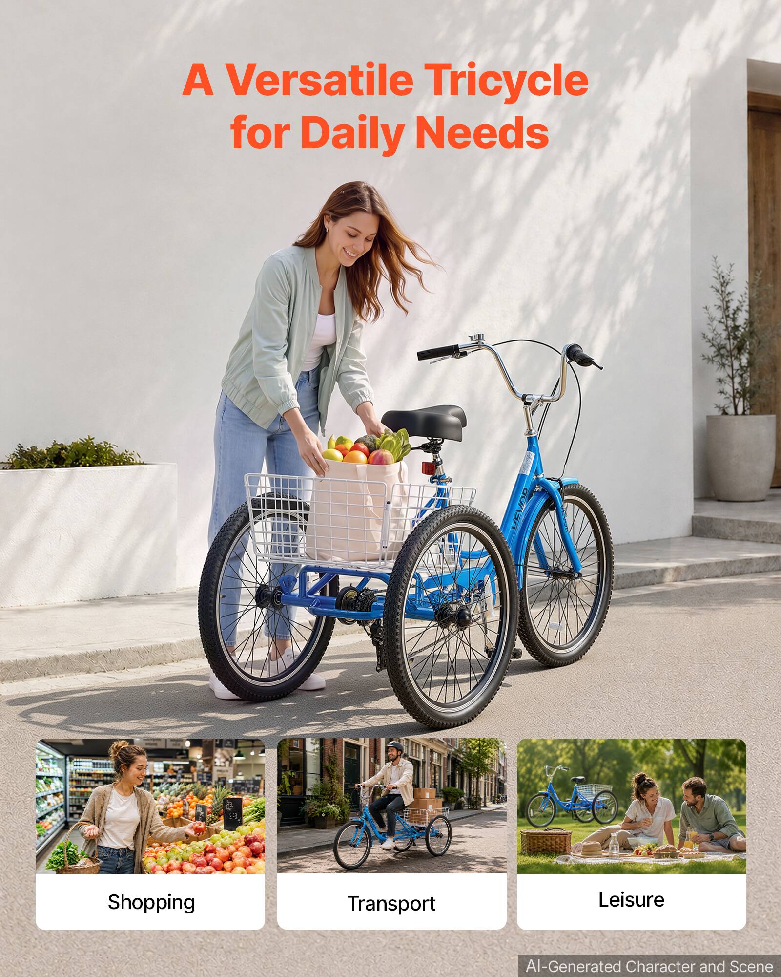 A Versatile Tricycle for Daily Needs

VEVOR

Shopping

Transport

Leisure

AI-Generated Character and Scene