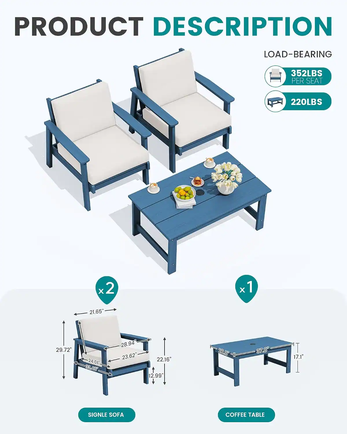 PRODUCT DESCRIPTION

LOAD-BEARING
352LBS PER SEAT
220LBS

21.65"
29.72"
24.01" 33.46"
28.94" 23.62"
22.16" 12.99"
22.8"
37.8"
17.1"

SINGLE SOFA
COFFEE TABLE
