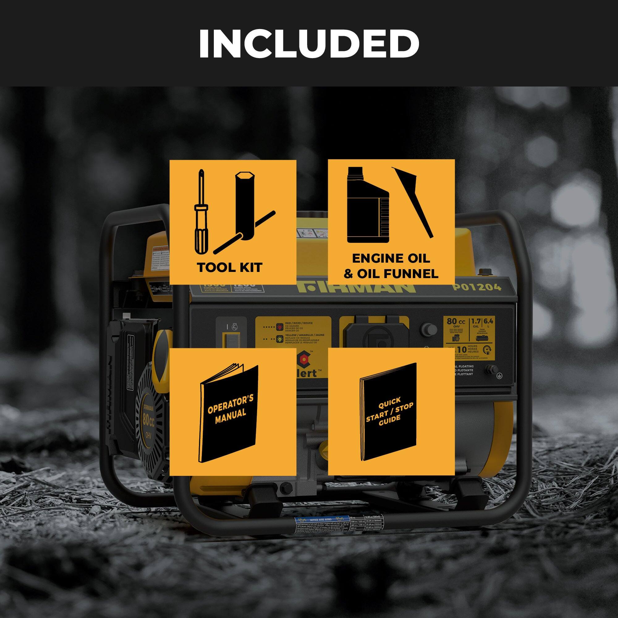INCLUDED

- TOOL KIT
- ENGINE OIL & OIL FUNNEL
- OPERATOR'S MANUAL
- QUICK START/STOP GUIDE