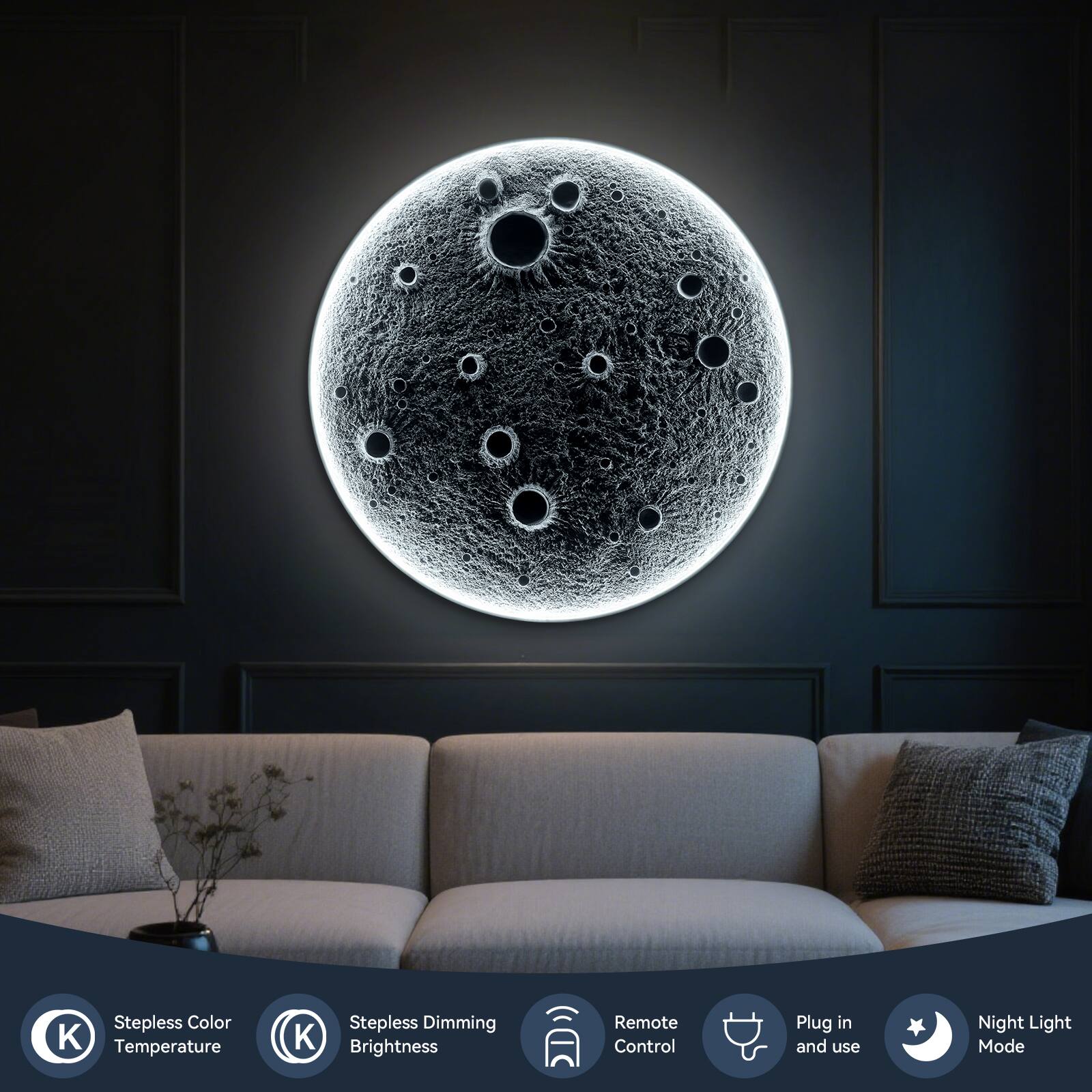 Stepless Color Temperature K  
Stepless Dimming Brightness  
Remote Control  
Plug in and use  
Night Light Mode