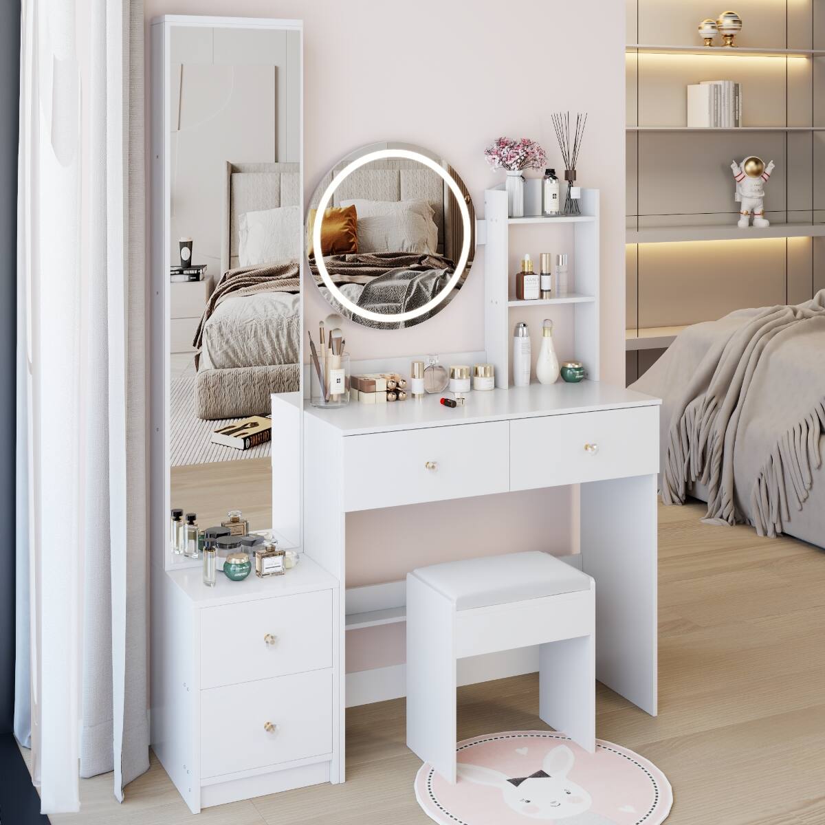 Alt View 10. Loheer - Loheer Makeup Vanity with Full-Length Mirror Cabinet, LED Round Mirror, Cushioned Stool, White - White.