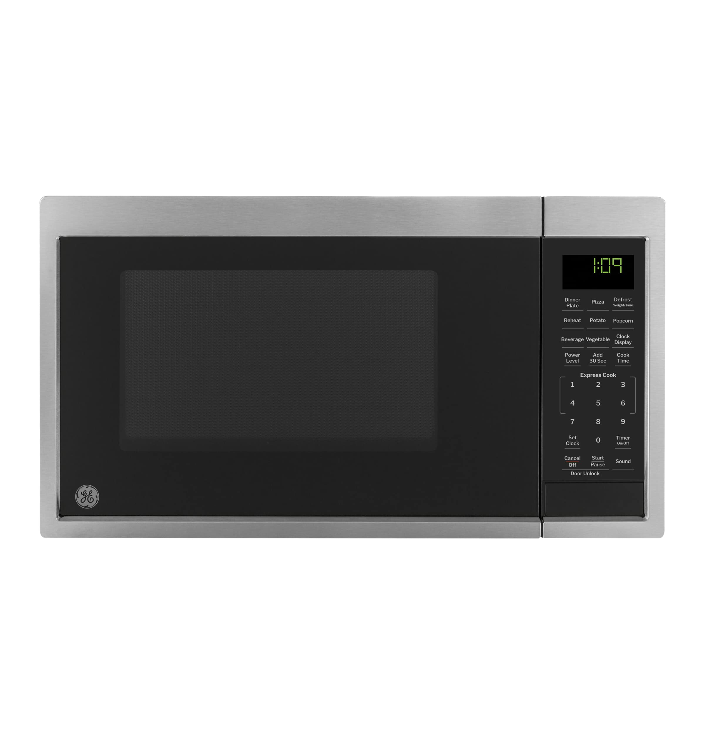 The microwave has a digital display that shows the time and the current setting. The time displayed is 1:34. The buttons on the microwave include options for cooking, reheating, defrosting, and beverage heating. The microwave also has a cancel button and a start button.