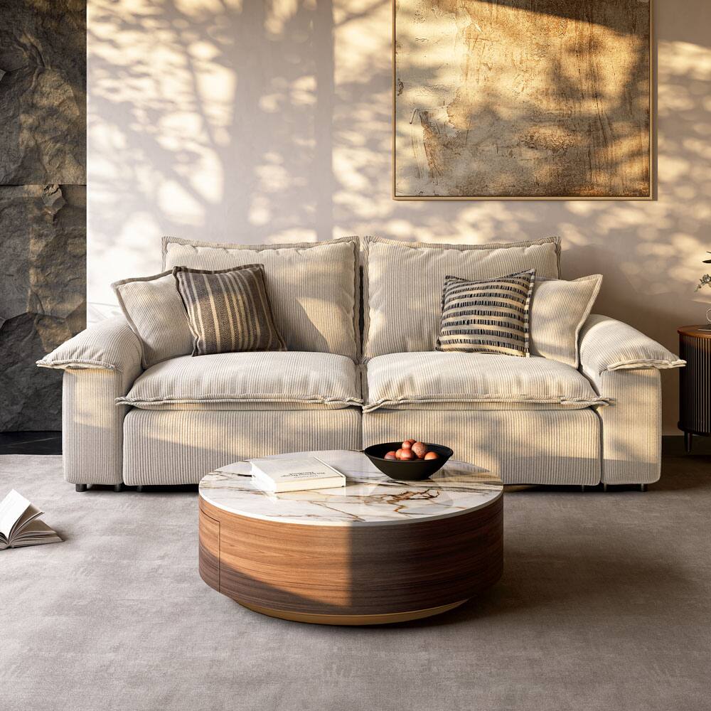 Angle. POVISON - 39" Fully Assembled Wood Modern Round Drum Sintered Stone Coffee Table with 2 Drawers, Walnut & White - Walnut & White.