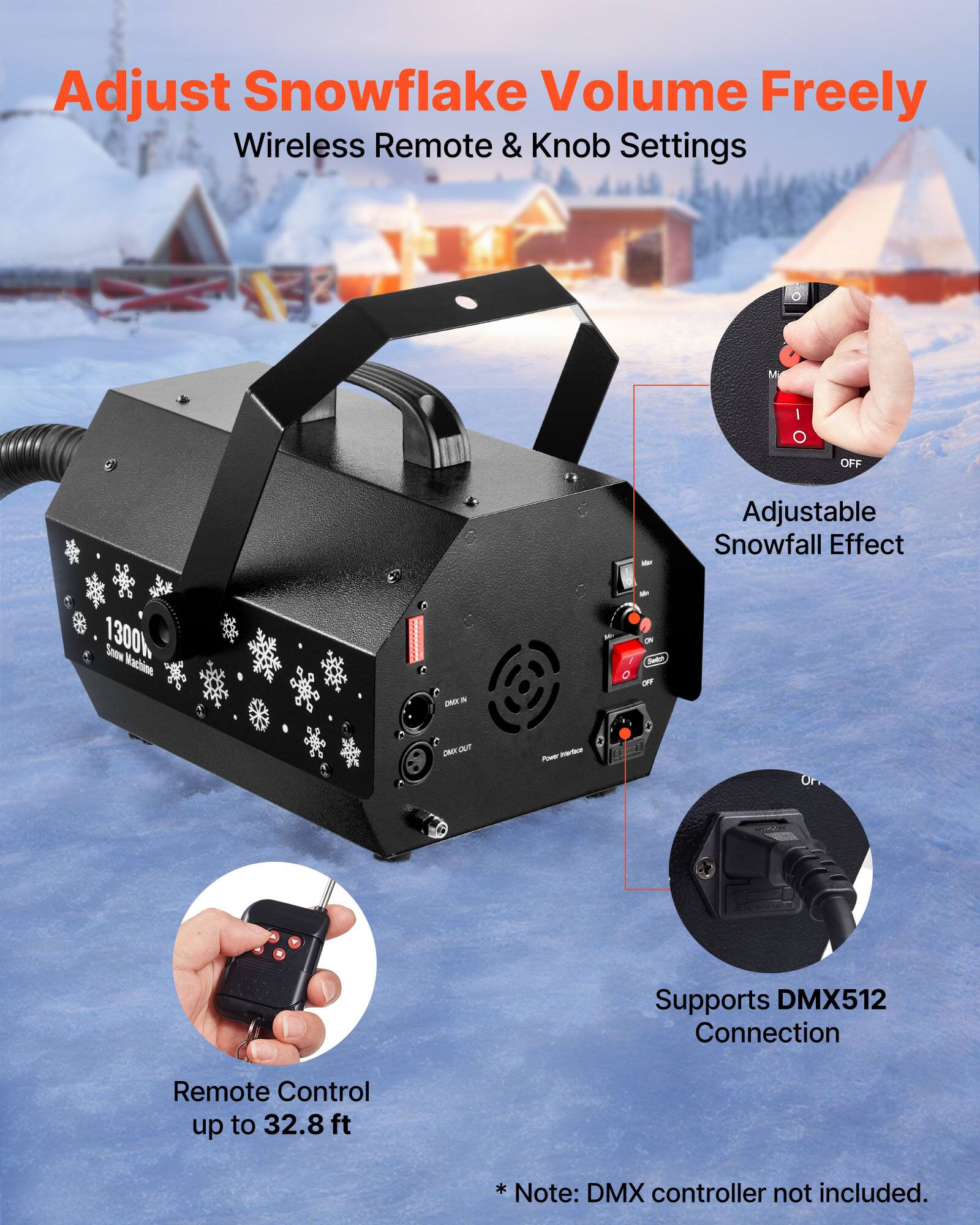 Adjust Snowflake Volume Freely Wireless Remote & Knob Settings

Adjustable Snowfall Effect

1300k won2 Machine

Remote Control up to 32.8 ft

Supports DMX512 Connection

*Note: DMX controller not included.