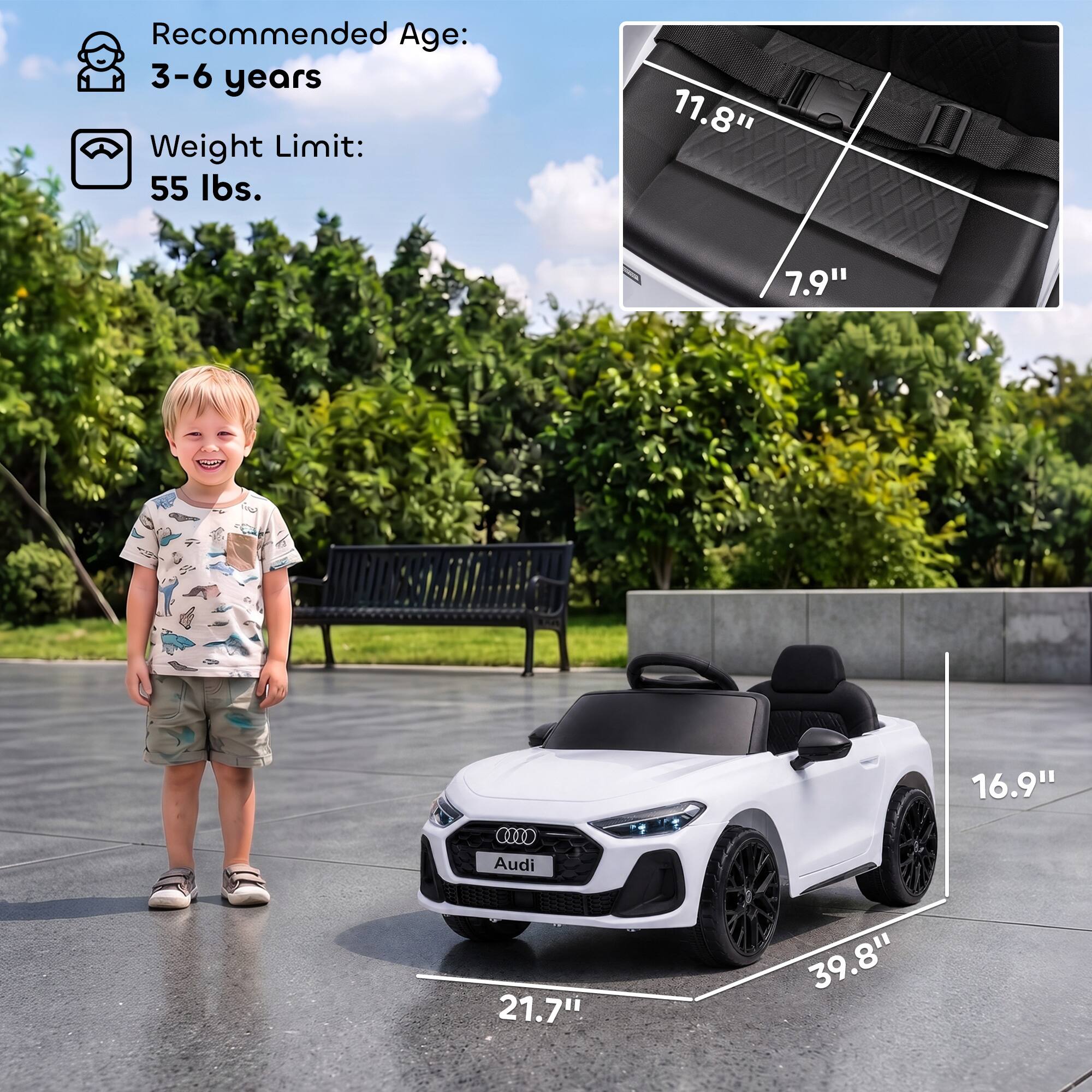 Recommended Age: 3-6 years  
Weight Limit: 55 lbs.  

11.8"  
7.9"  
16.9"  
21.7"  
39.8"
