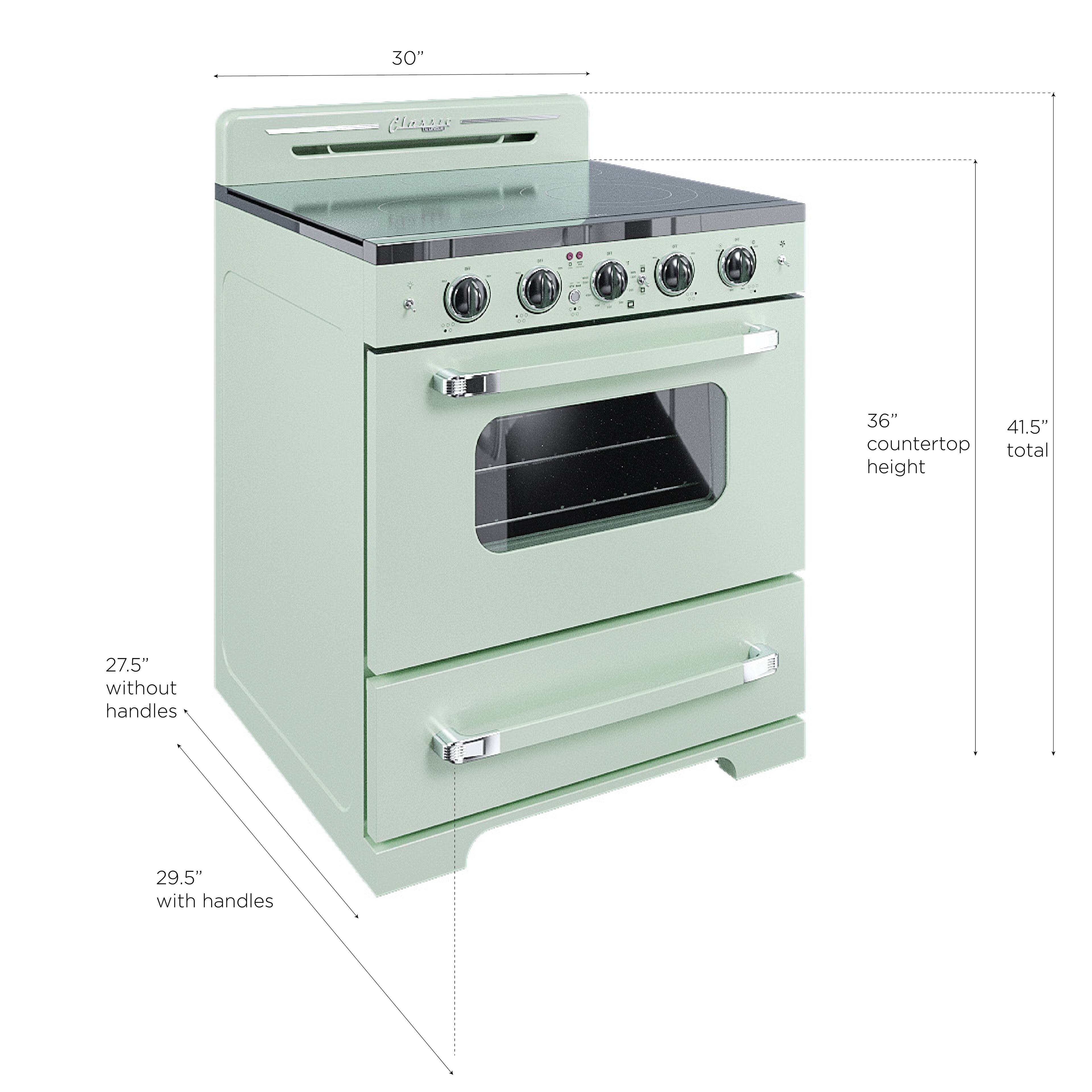 The image shows a stove with a 30" en. The stove has a 36" countertop height, and the total height of the stove is 41.5". The stove is 27.5" tall without handles, and 29.5" tall with handles.