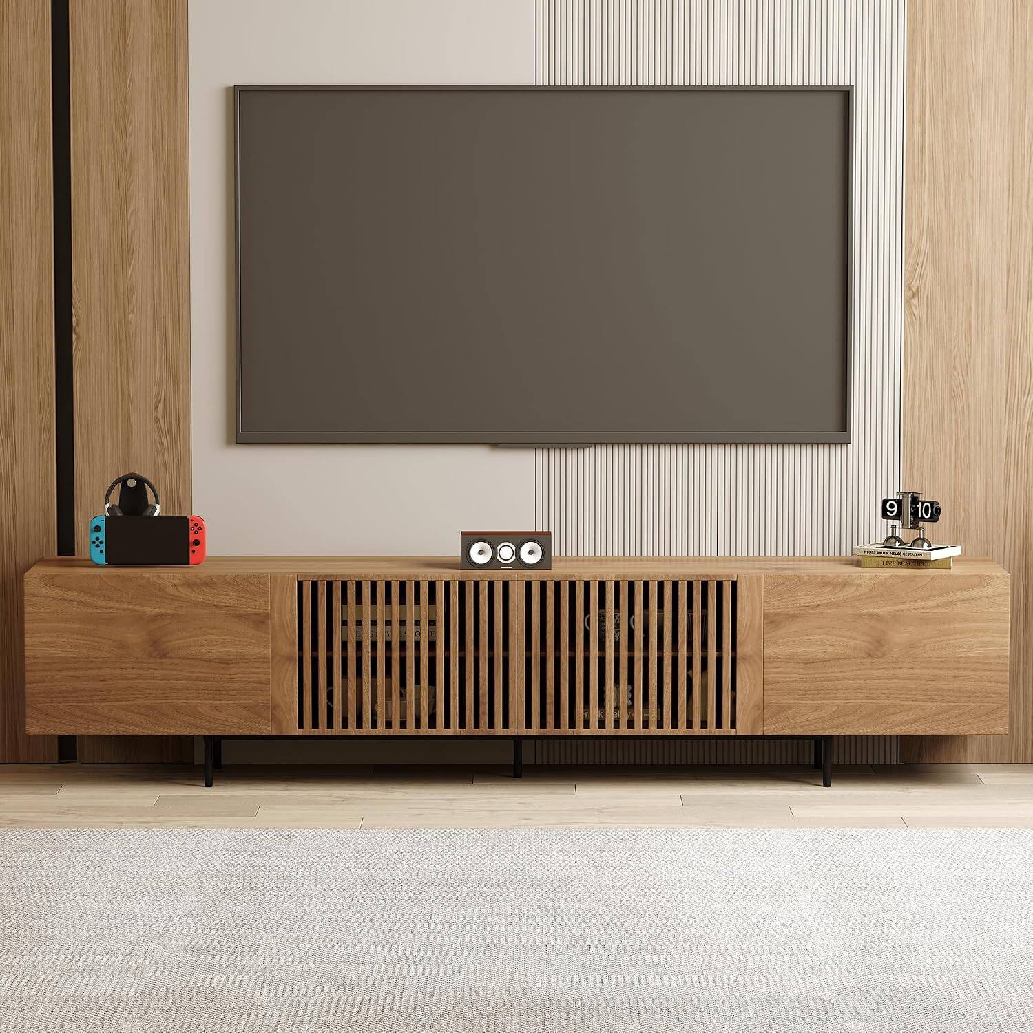 Left. luck idea - 94.48" Mid-Century Modern TV Stand for 80"+ TVs, Walnut Wood Media Console, Entertainment Center with Ample Storage for - BROWN.