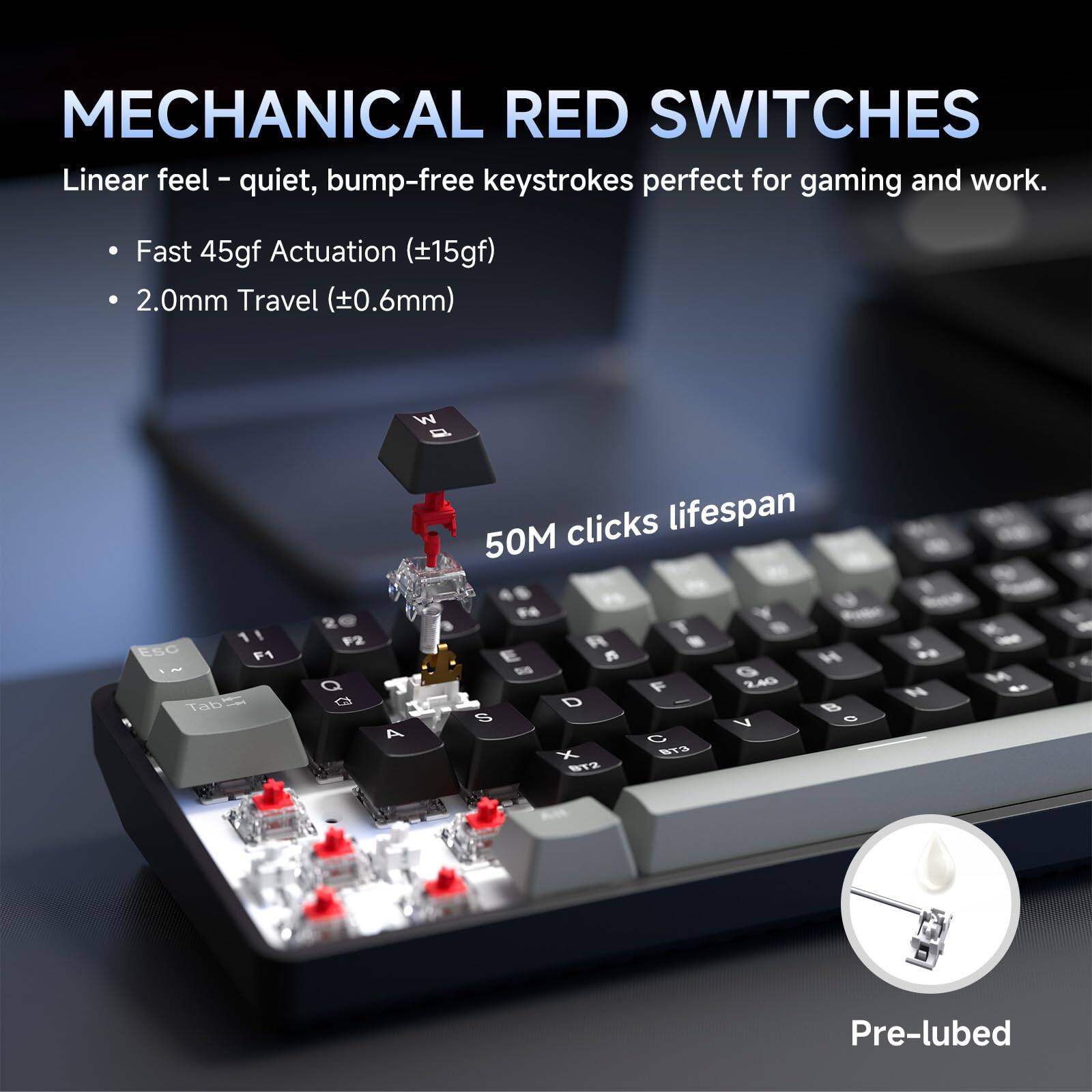 MECHANICAL RED SWITCHES  
Linear feel - quiet, bump-free keystrokes perfect for gaming and work.  

- Fast 45gf Actuation (±15gf)  
- 2.0mm Travel (±0.6mm)  
- 50M clicks lifespan  

Pre-lubed
