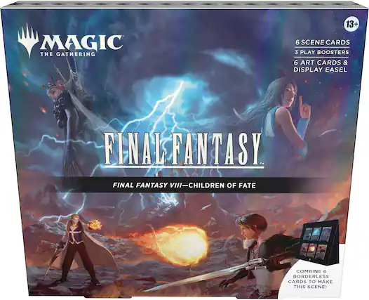 MAGIC THE GATHERING
13+
6 SCENE CARDS
3 PLAY BOOSTERS
6 ART CARDS & DISPLAY EASEL
FINAL FANTASY™
FINAL FANTASY VIII - CHILDREN OF FATE
COMBINE 6 BORDERLESS CARDS TO MAKE THIS SCENE!