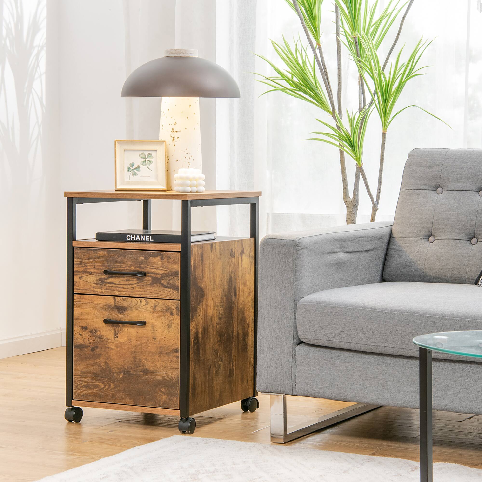 Alt View 4. Costway - Costway Mobile File Cabinet 2 Drawer Printer Stand w/Open Shelf for Letter Size - Rustic Brown,Black.