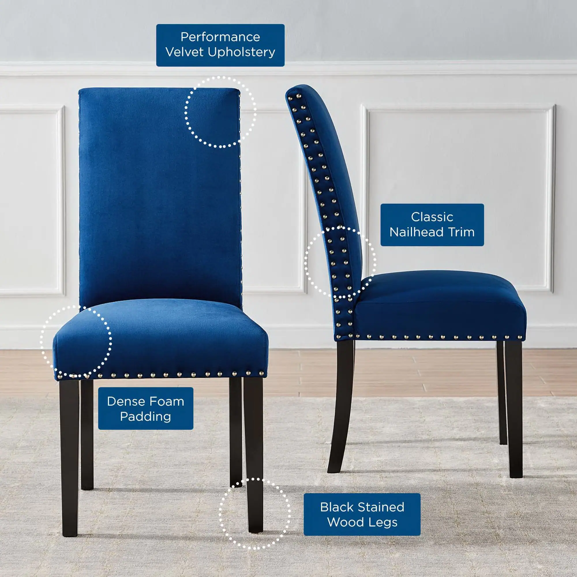 - Performance Velvet Upholstery
- Classic Nailhead Trim
- Dense Foam Padding
- Black Stained Wood Legs