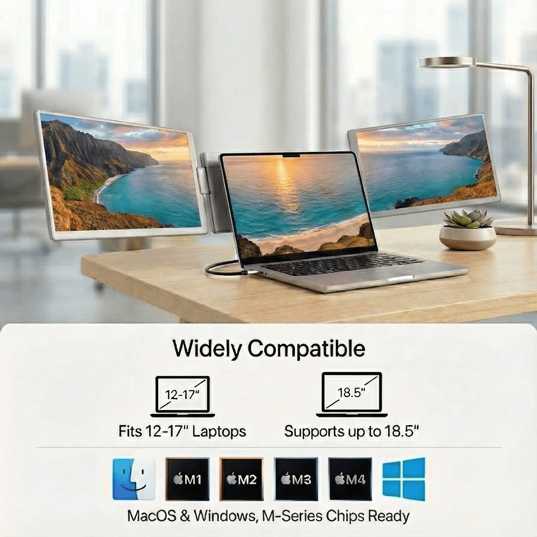 Widely Compatible  
Fits 12-17" Laptops  
Supports up to 18.5"  
MacOS & Windows, M-Series Chips Ready  
M1 M2 M3 M4