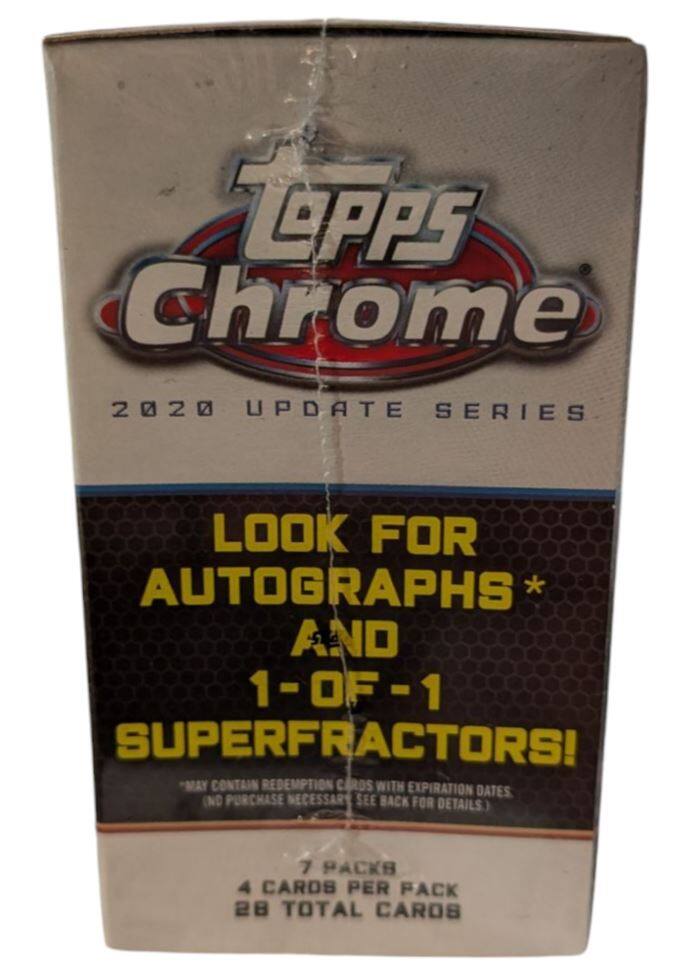 TOPPS Chrome  
2020 UPDATE SERIES  

LOOK FOR AUTOGRAPHS* AND 1-OF-1 SUPERFRAGTORS!  
*(MAY CONTAIN REDEMPTION CARDS WITH EXPIRATION DATES. SEE BACK FOR DETAILS.)  

7 PACKS  
4 CARDS PER PACK  
28 TOTAL CARDS