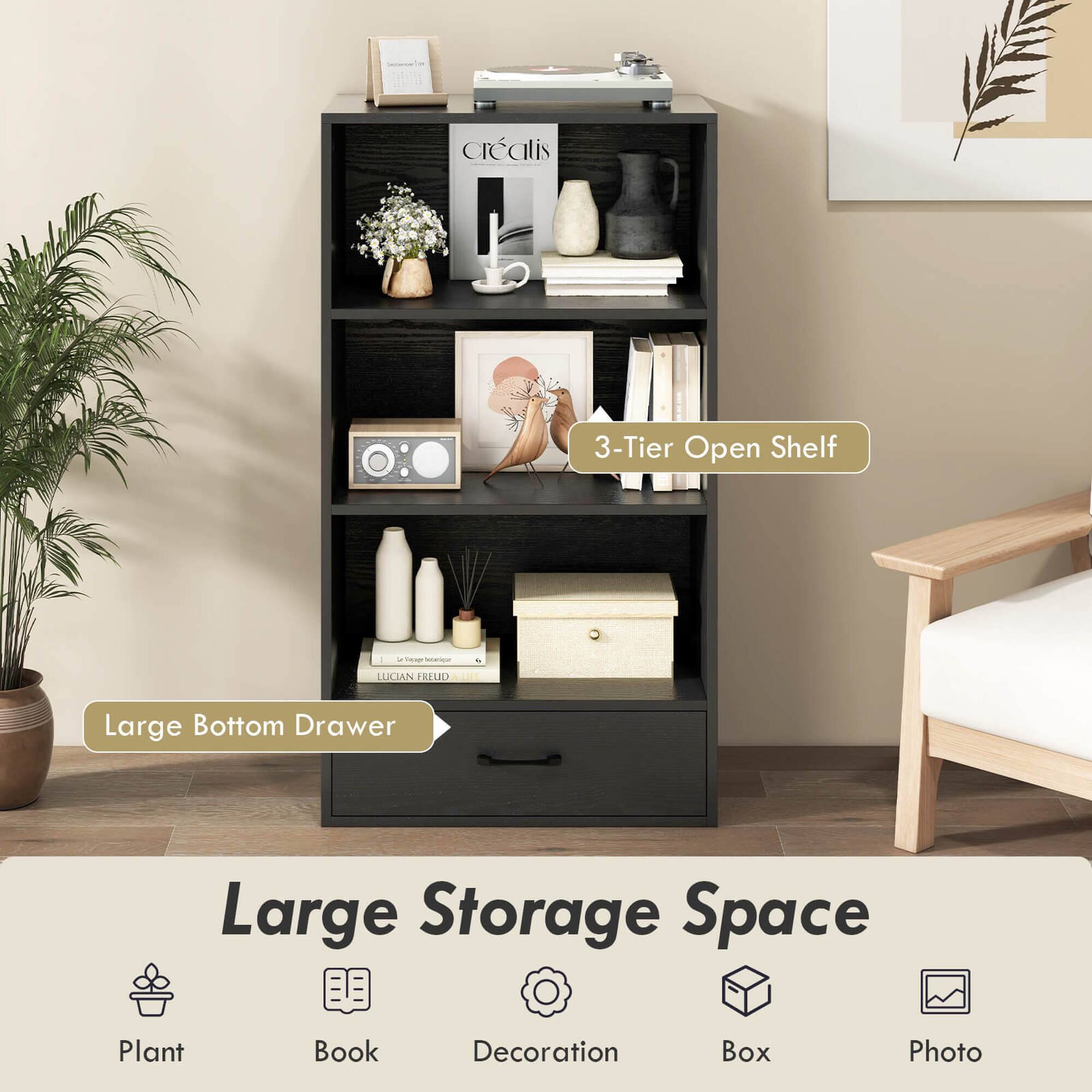 The image features a black bookshelf with a large bottom drawer and a large storage space. The shelf is filled with various items, including books, vases, and a potted plant. The shelf is also labeled with the name "Cralis."