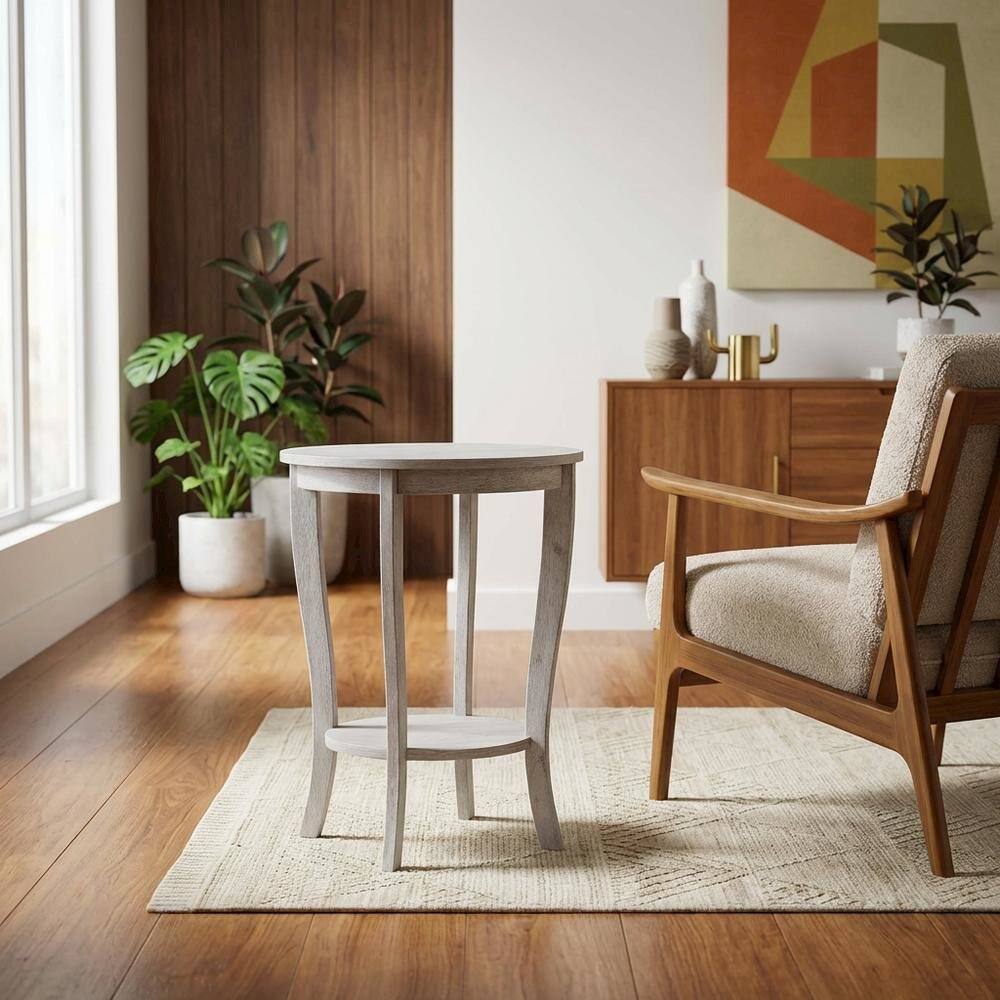 Back. FurniFact - Round End Table with Distressed Finish and Sturdy Construction - Light Gray.