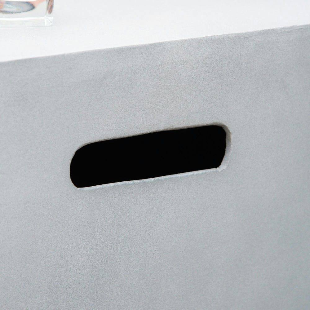 Angle. Resenkos - 36" Firepit Table for Outside, 50,000 BTU Large Rectangular Stone Gas Firepit, Fits 20lb Tank, Gray.