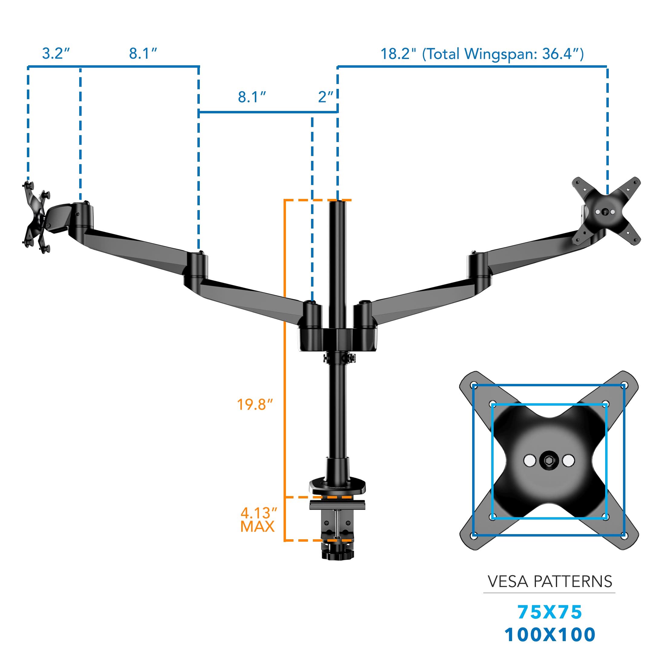 3.2"  
8.1"  
18.2" (Total Wingspan: 36.4")  
8.1"  
2" H  
19.8"  
4.13" MAX  
VESPA PATTERNS  
75X75  
100X100