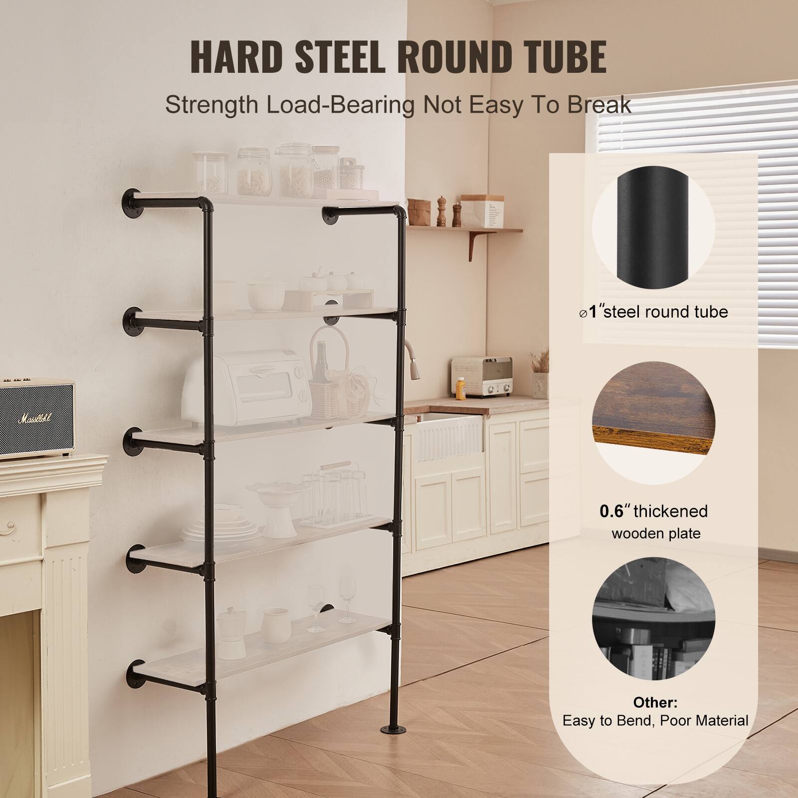 HARD STEEL ROUND TUBE  
Strength Load-Bearing Not Easy To Break  

- 1" steel round tube  
- 0.6" thickened wooden plate  
- Other: Easy to Bend, Poor Material