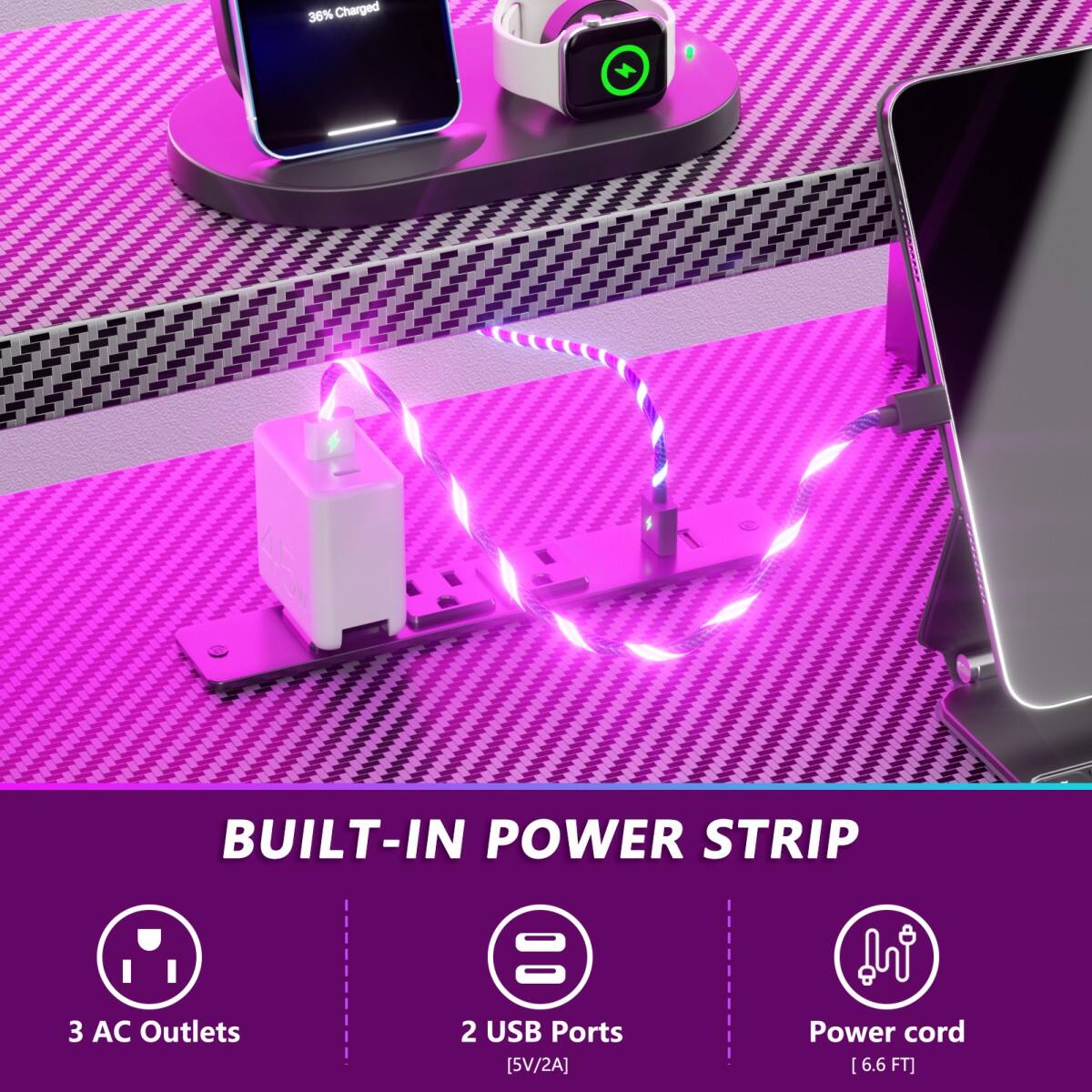 36% Charged

BUILT-IN POWER STRIP

3 AC Outlets

2 USB Ports [5V/2A]

Power cord [6.6 FT]