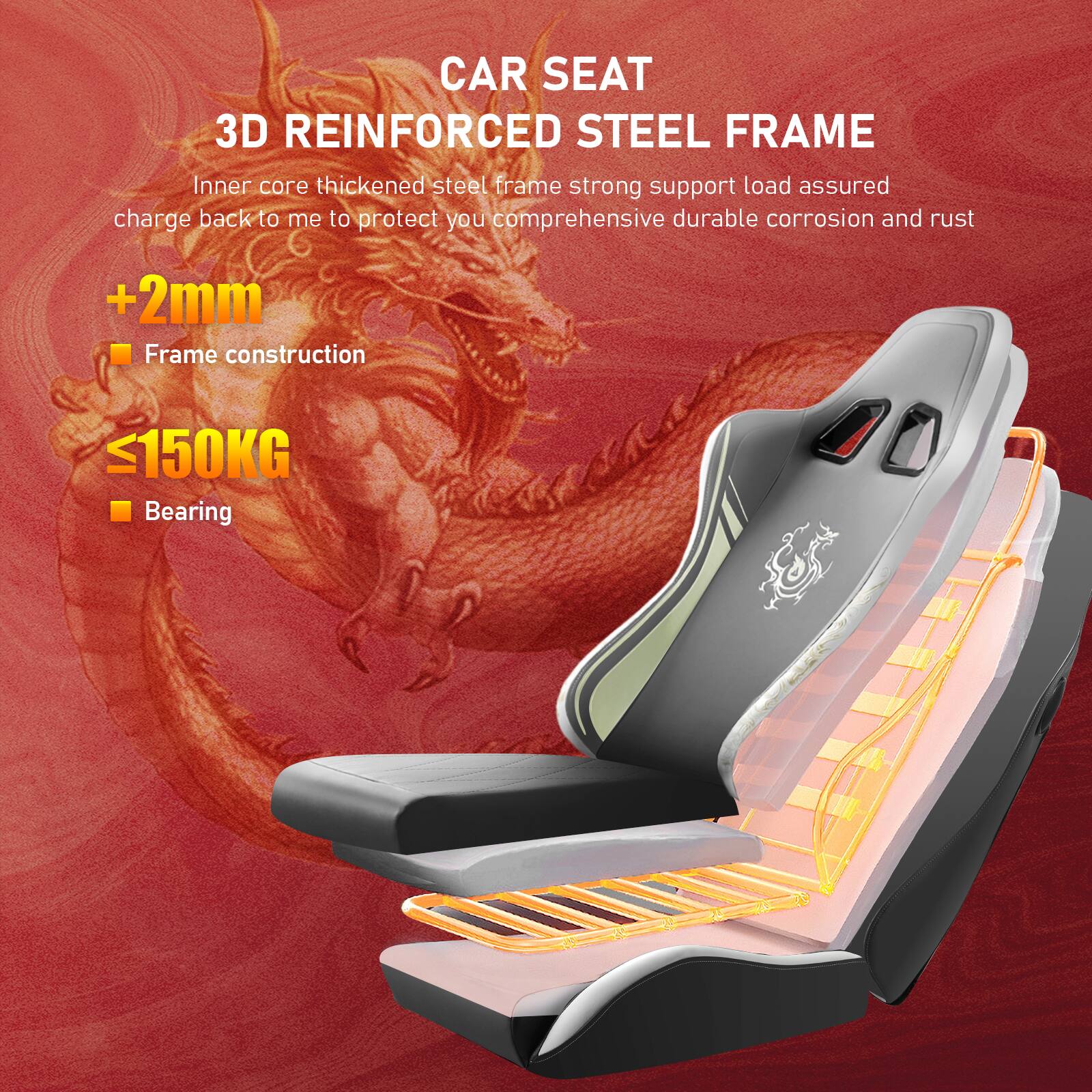 CAR SEAT 3D REINFORCED STEEL FRAME

Inner core thickened steel frame strong support load assured charge back to me to protect you comprehensive durable corrosion and rust

+2mm Frame construction

<150KG Bearing