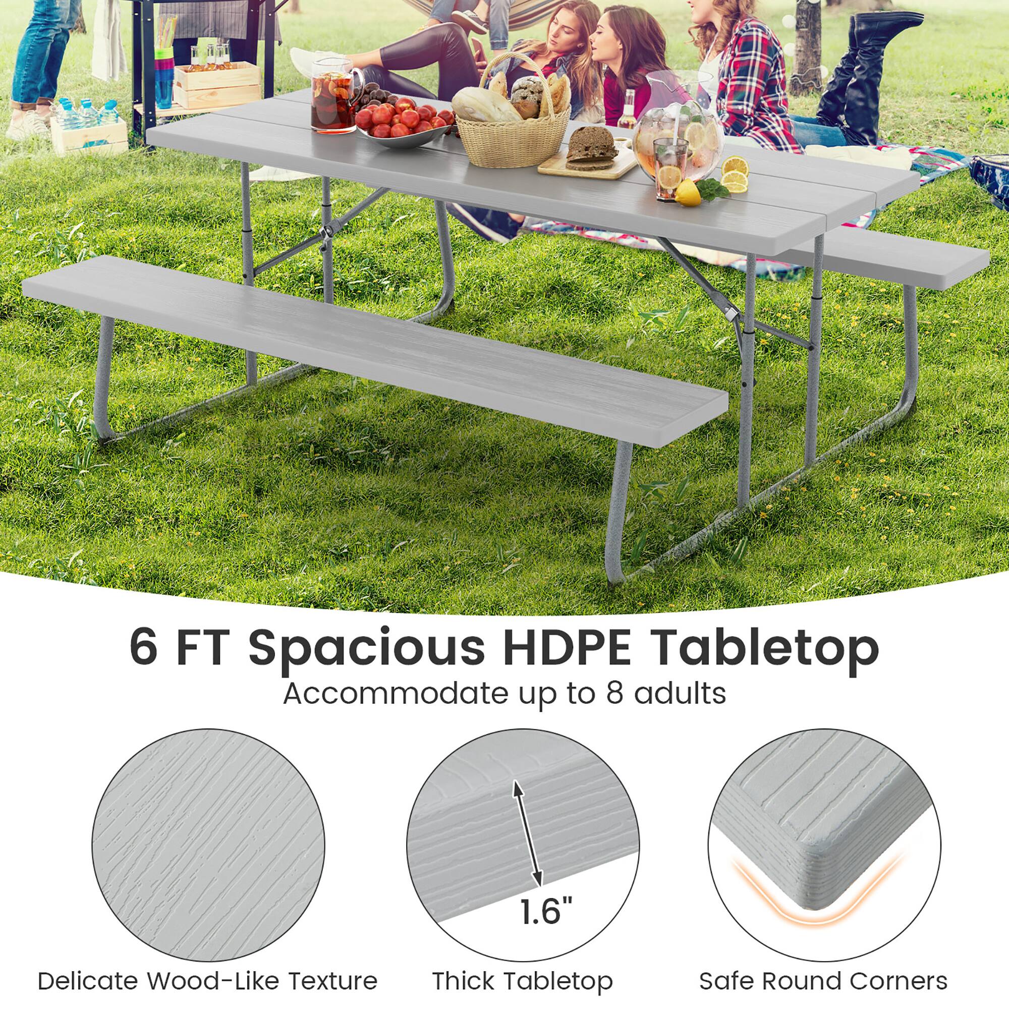 6 FT Spacious HDPE Tabletop  
Accommodate up to 8 adults  

- Delicate Wood-Like Texture  
- Thick Tabletop (1.6")  
- Safe Round Corners