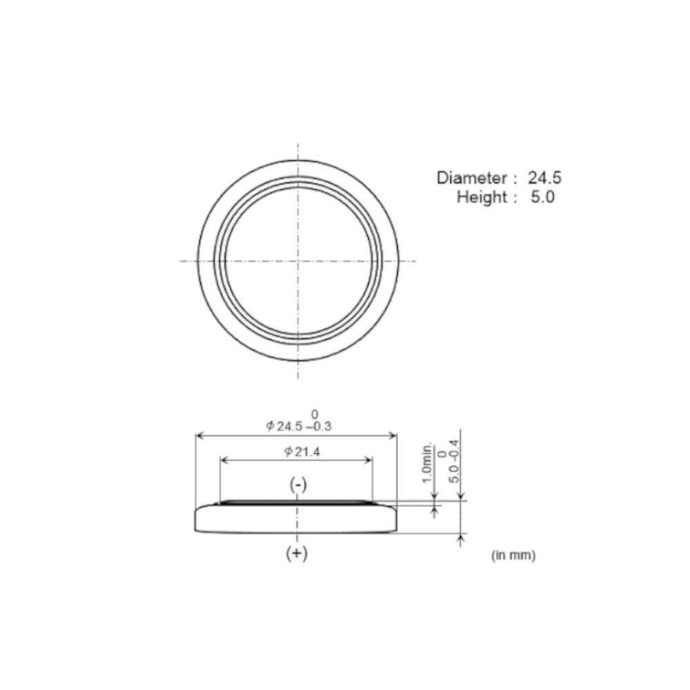 Diameter: 24.5  
Height: 5.0  

Ø24.5 - 0.3  
Ø21.4 (-)  

1.0 min. 0  
5.0 - 0.4 1  

(in mm)