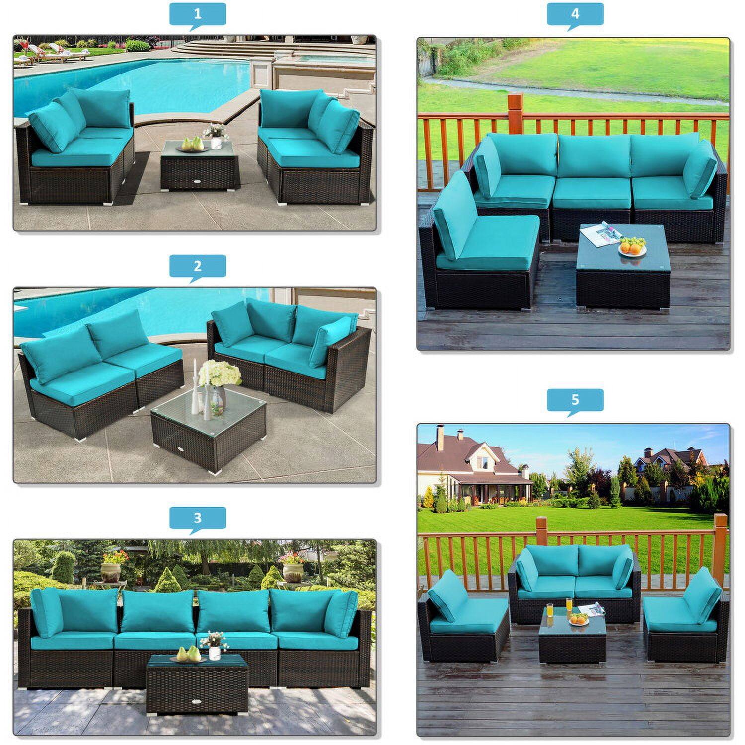 Alt View 2. Pefilos - 5 Pieces Cushioned Patio Rattan Furniture Set with Glass Table-Turquoise, Wicker Furniture Conversation Sets - Blue.