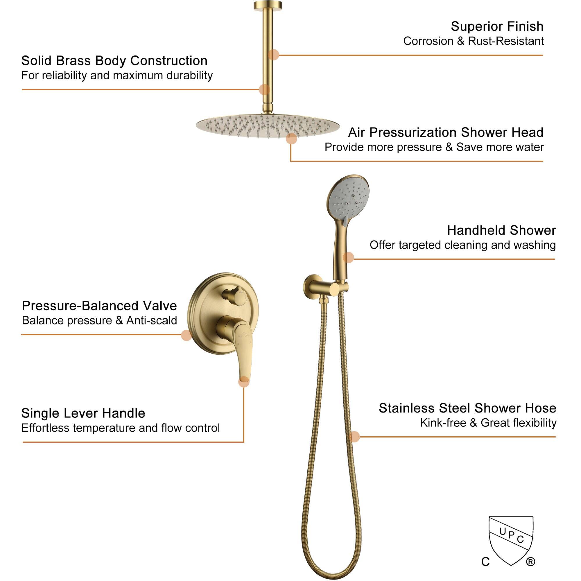 Solid Brass Body Construction, Superior Finish, Air Pressurization Shower Head, Handheld Shower, Pressure-Balanced Valve, Single Lever Handle, Stainless Steel Shower Hose, UPC C R