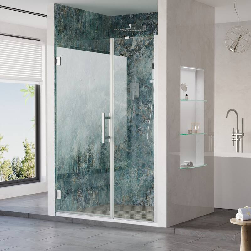 Angle. WELLFOR - 49–50 in. W x 72 in. H Frameless Hinged Shower Door with 3/8" Clear Tempered Glass, Reversible Opening - Chrome.