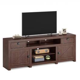 GAOMON - 70" Farmhouse TV Stand for 80” TVs, Media Console with Drop-Down Doors, Storage Cabinets & Open Shelves - Brown