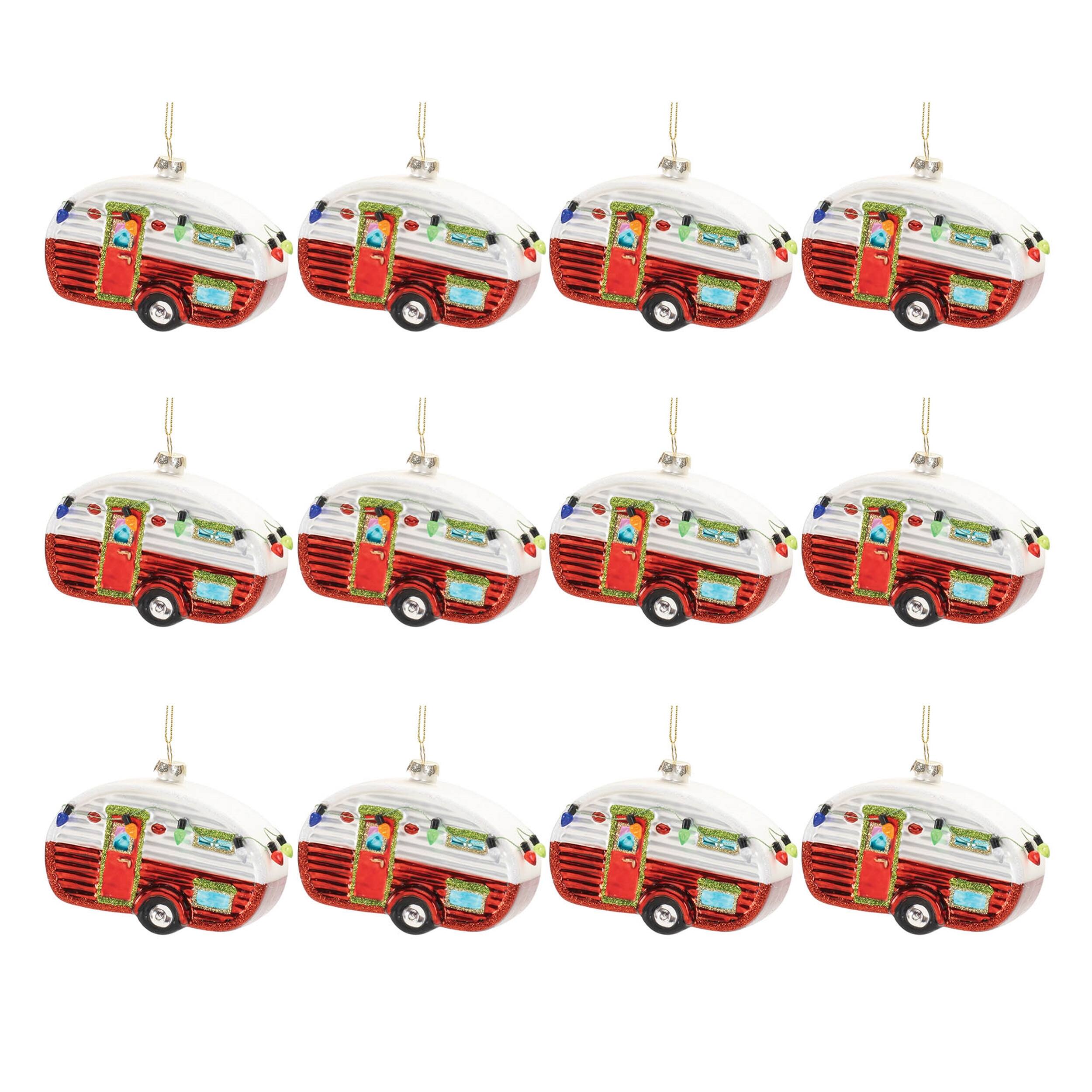 Alt View 1. BreeBe - Glittered Glass Camper Ornament (Set of 12) - Red, White.