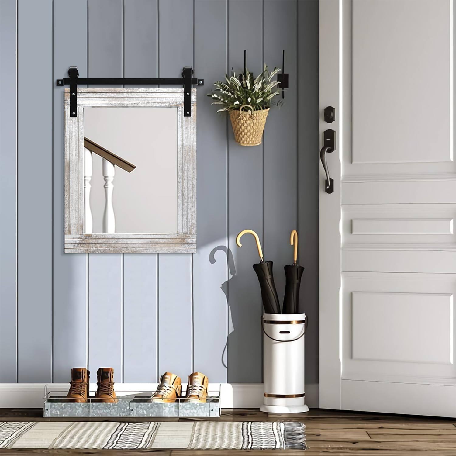 Alt View 4. Comfort Essence - Mirrors For Wall Rustic Barn Door Mirror With Wood Framed Rectangle Farmhouese Bathroom Decorative Hangin... - Brown-30"L x 22"W.