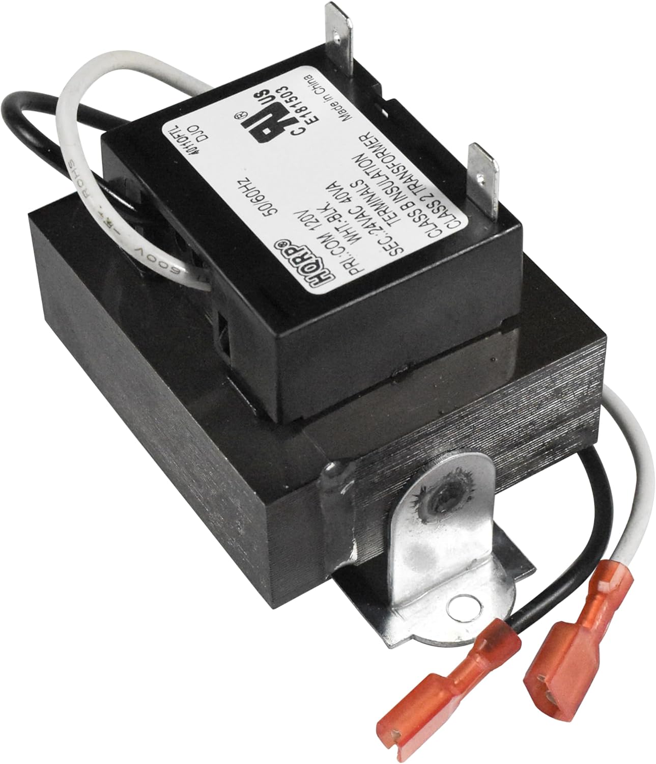 US China E181503 in Au  
Made DJO  
40110FTL ROHS 50/60Hz 40VA TRANSFORMER 2 I1 120V WHT.-BLK.  
24VAC TERMINALS B CLASS CLASS 2  
COM WHT. SEC. 009 HORPO R O PRI.