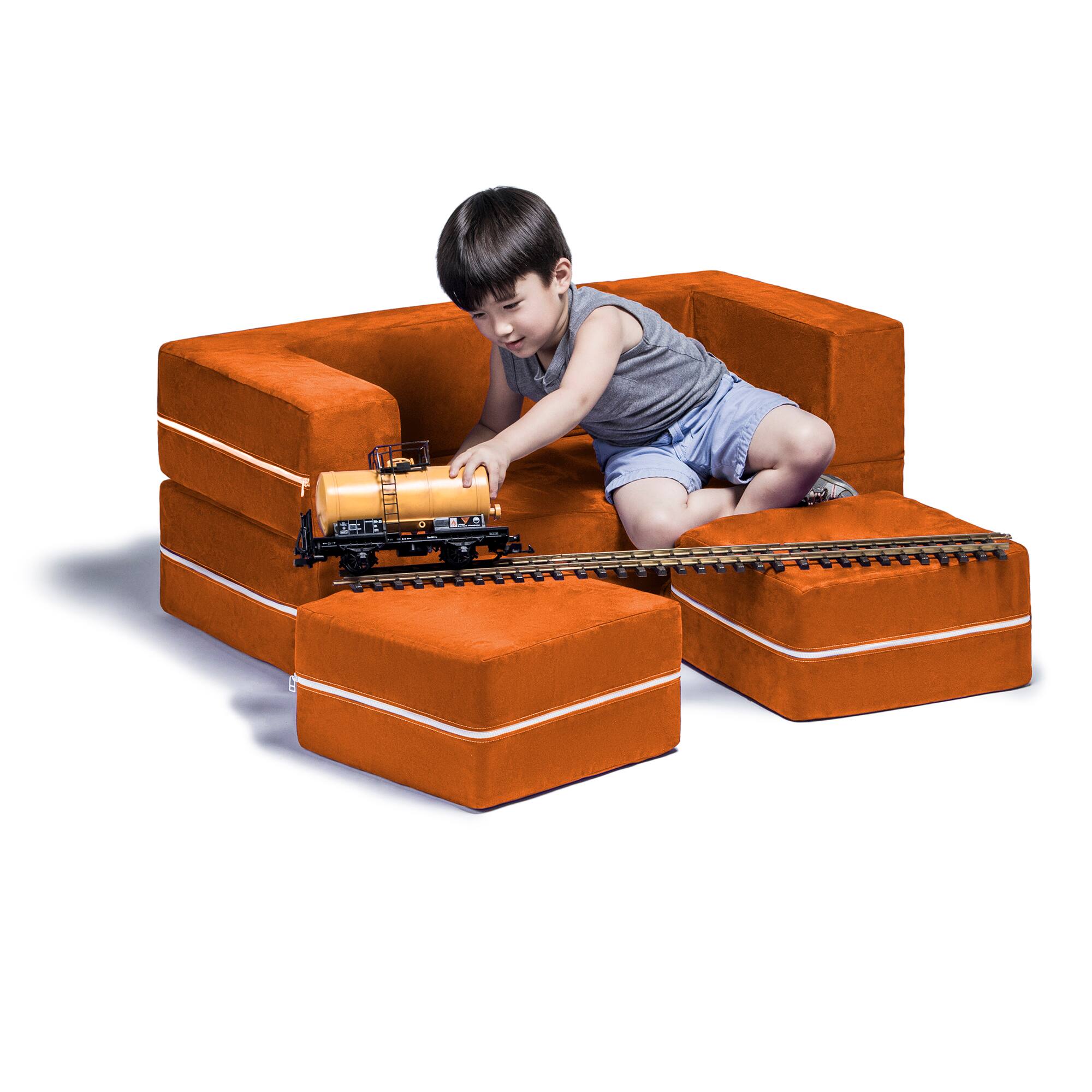 Left. Jaxx - Jaxx Zipline Kids Modular Loveseat & Ottomans/Fold Out Lounger, Mandarin - Mandarin.