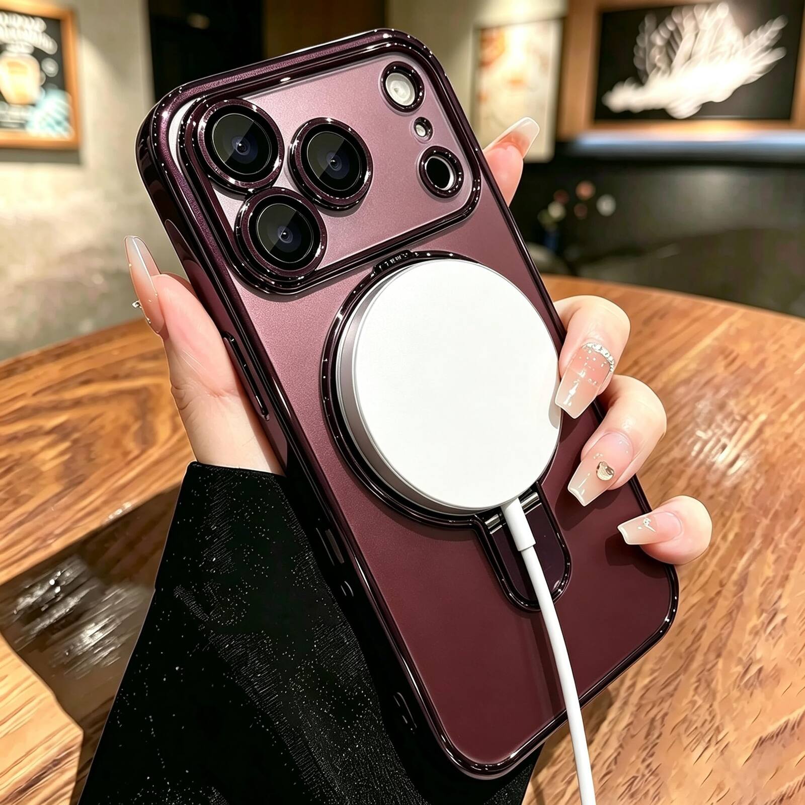 Angle. UUCOVER - Magnetic Case for iPhone 18 Pro Max,Shockproof TPU+PC Clear Case Ring Stand Compatible with MagSafe Camera Lens Cover - Cherryred.